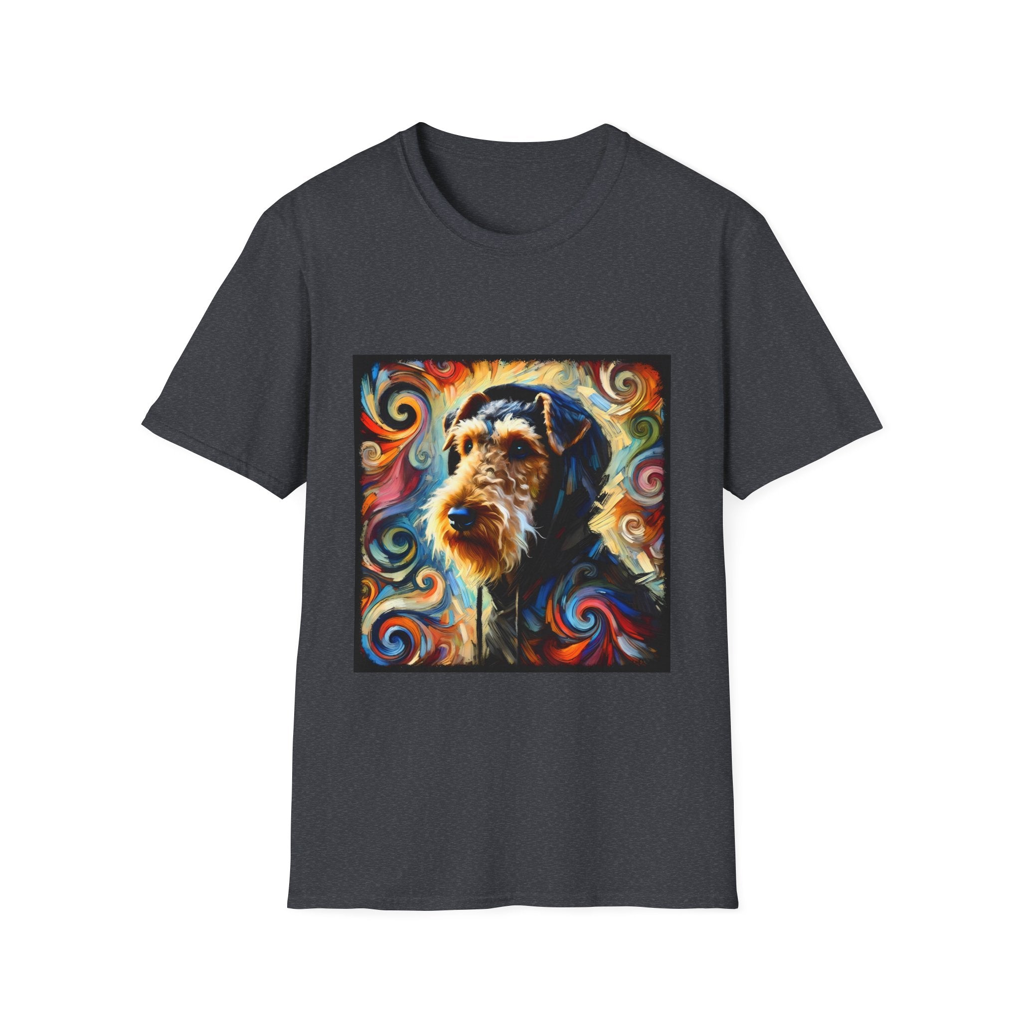 Dark heather gray dog t-shirt with Airedale terrier in hoodie and vibrant multicolor swirl background.