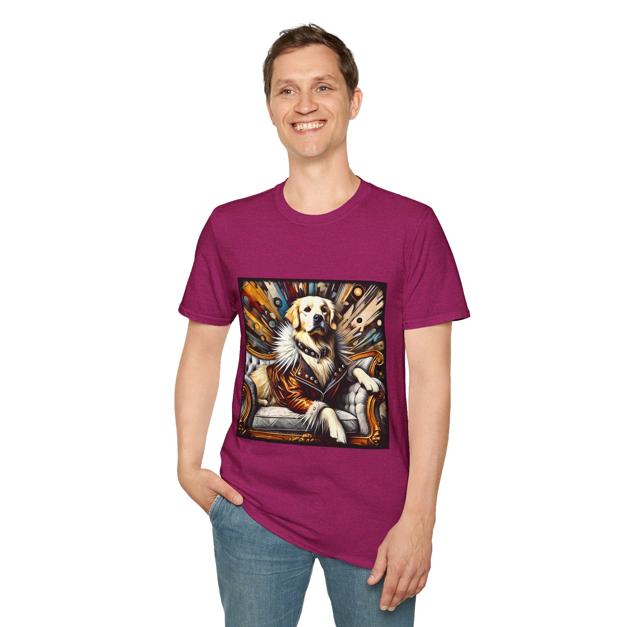 Male model in heather berry dog t-shirt featuring golden retriever in fur coat on gold throne with colorful backdrop.