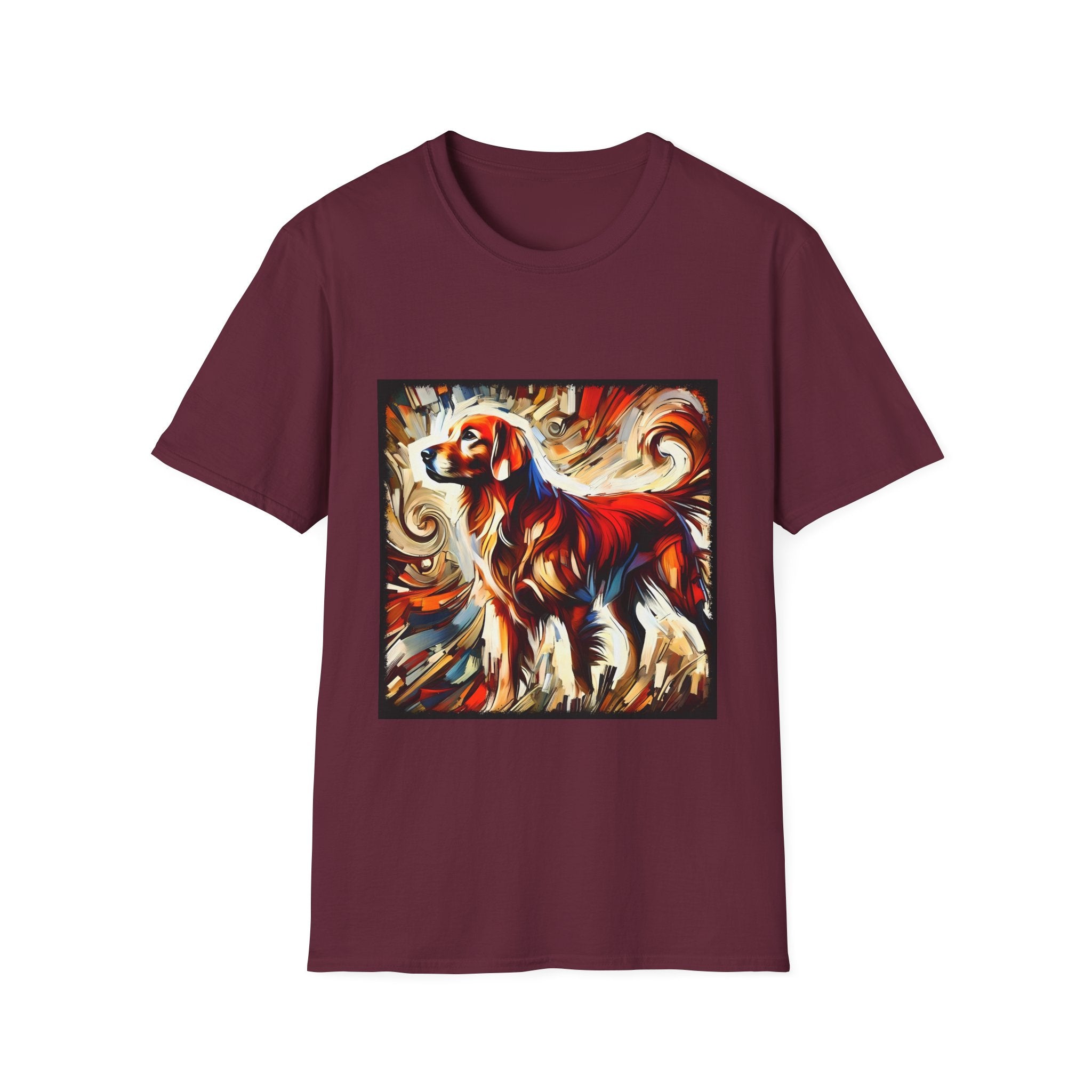 Maroon dog t-shirt with golden retriever in red coat, abstract swirl background in bold warm tones.