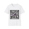 White dog t-shirt with French Bulldog in striped suit, purple bowtie, and ornate black swirl backdrop.