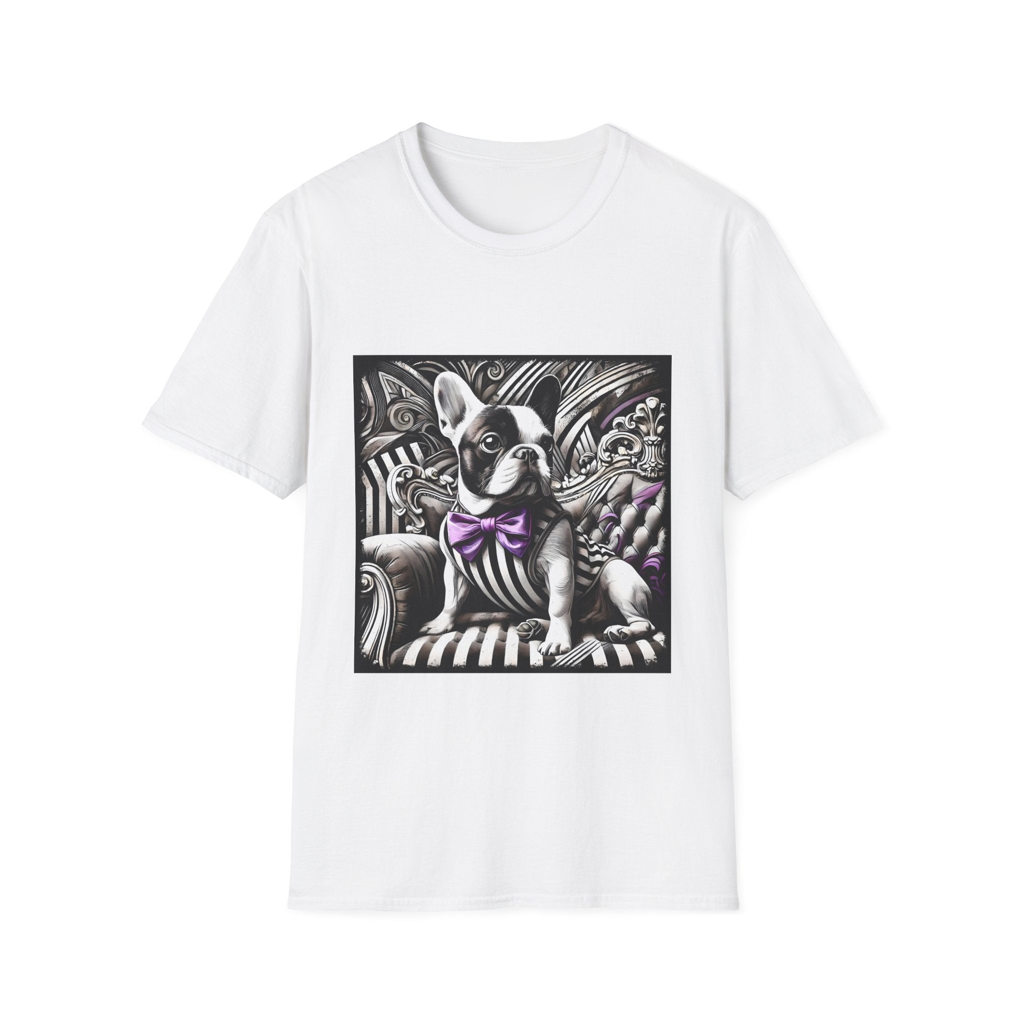 White dog t-shirt with French Bulldog in striped suit, purple bowtie, and ornate black swirl backdrop.