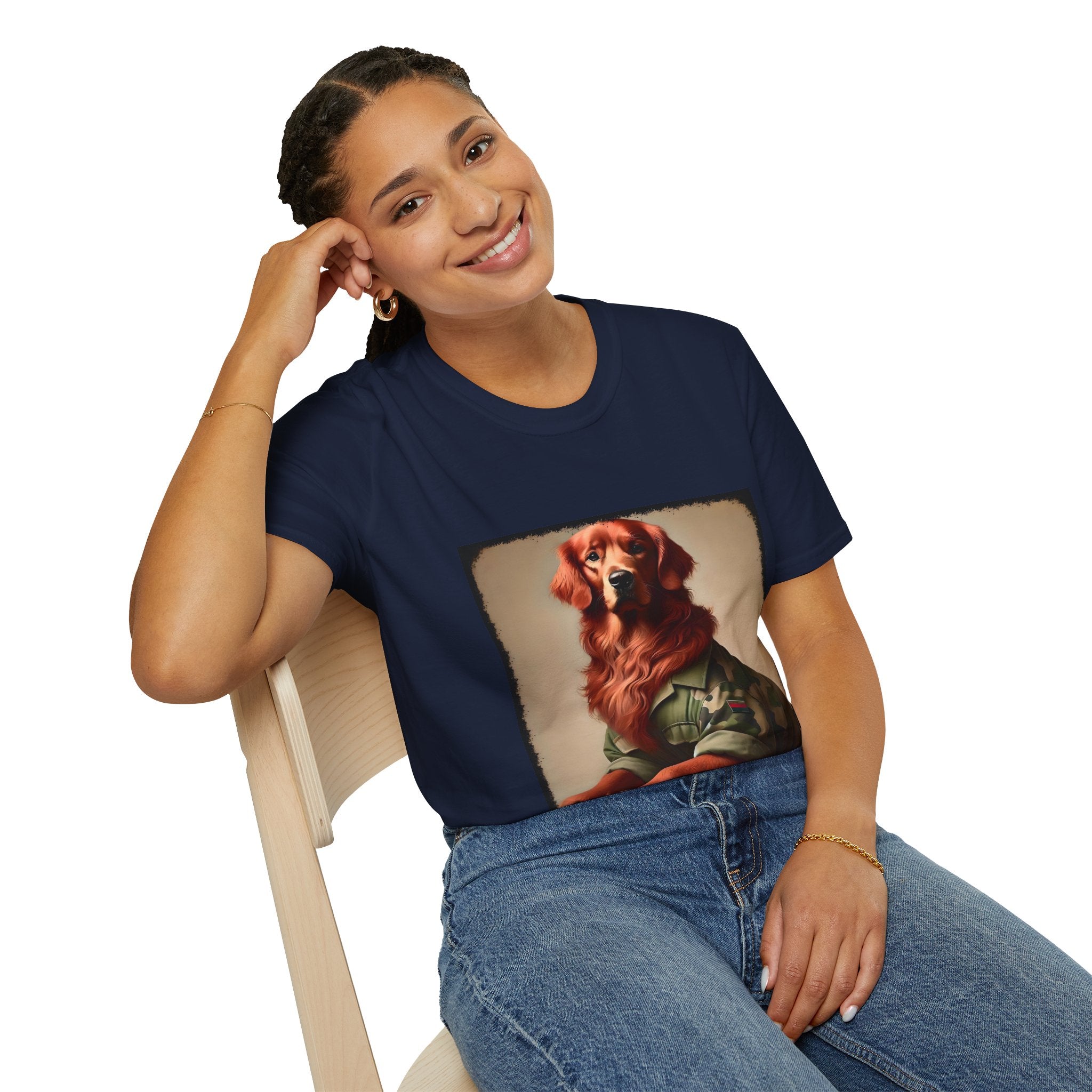 Female model in navy dog t-shirt featuring golden retriever in camouflage jacket with flag patch, tan background.