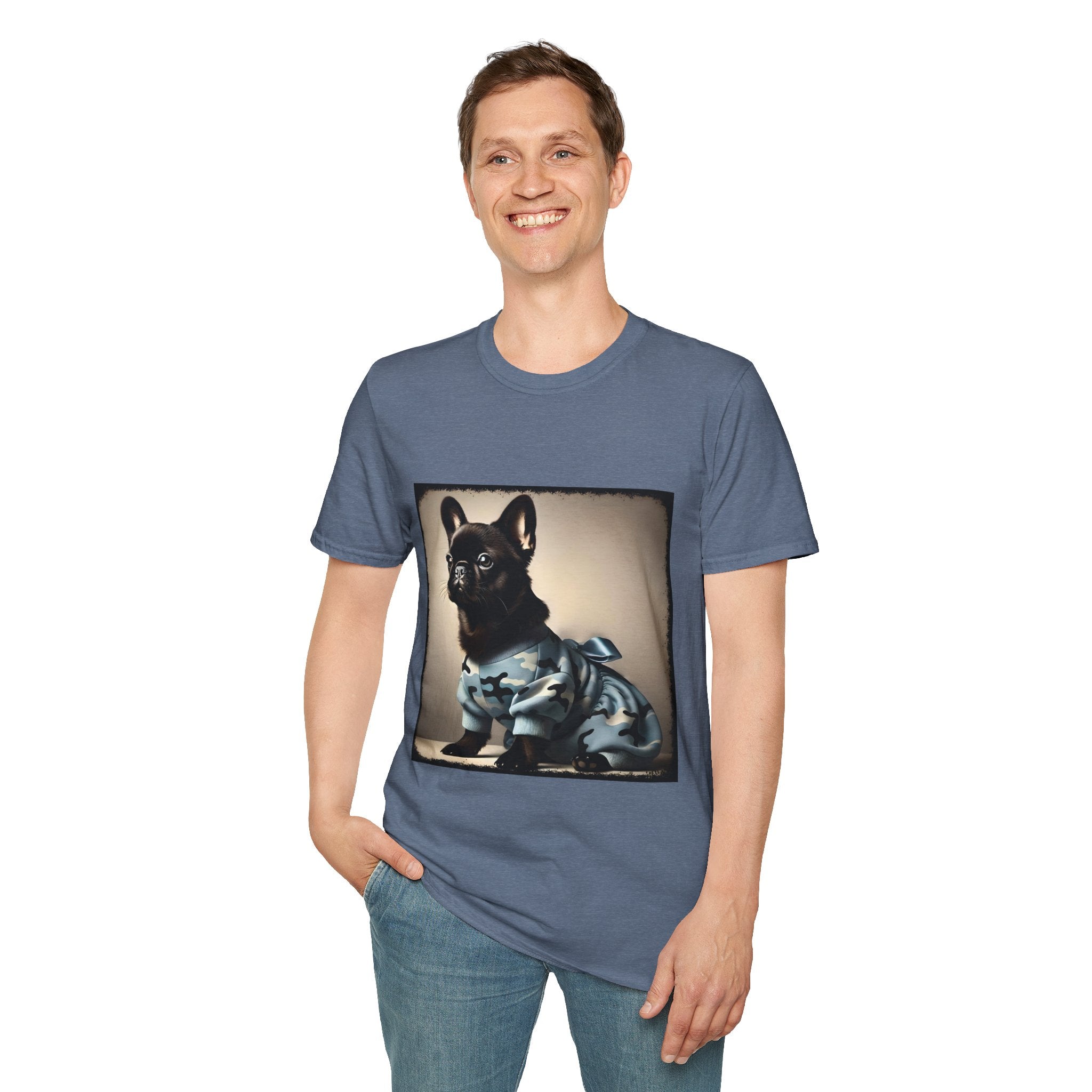 Man smiling wearing heather indigo dog t-shirt featuring black French Bulldog in blue camo outfit with bow, set in soft vintage portrait.