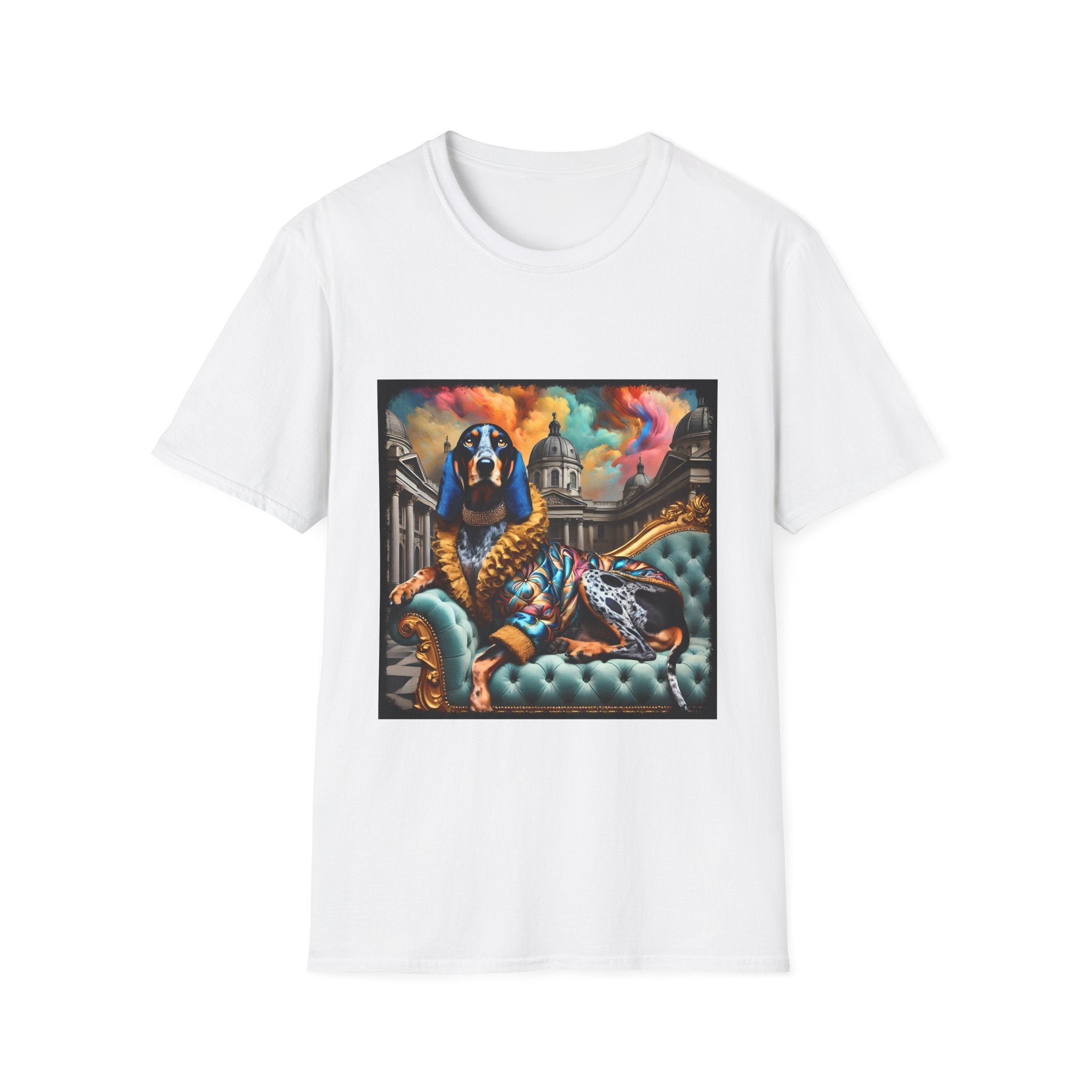 White dog t-shirt featuring coonhound on teal settee wearing ornate gold-trimmed robe with silk scarf.