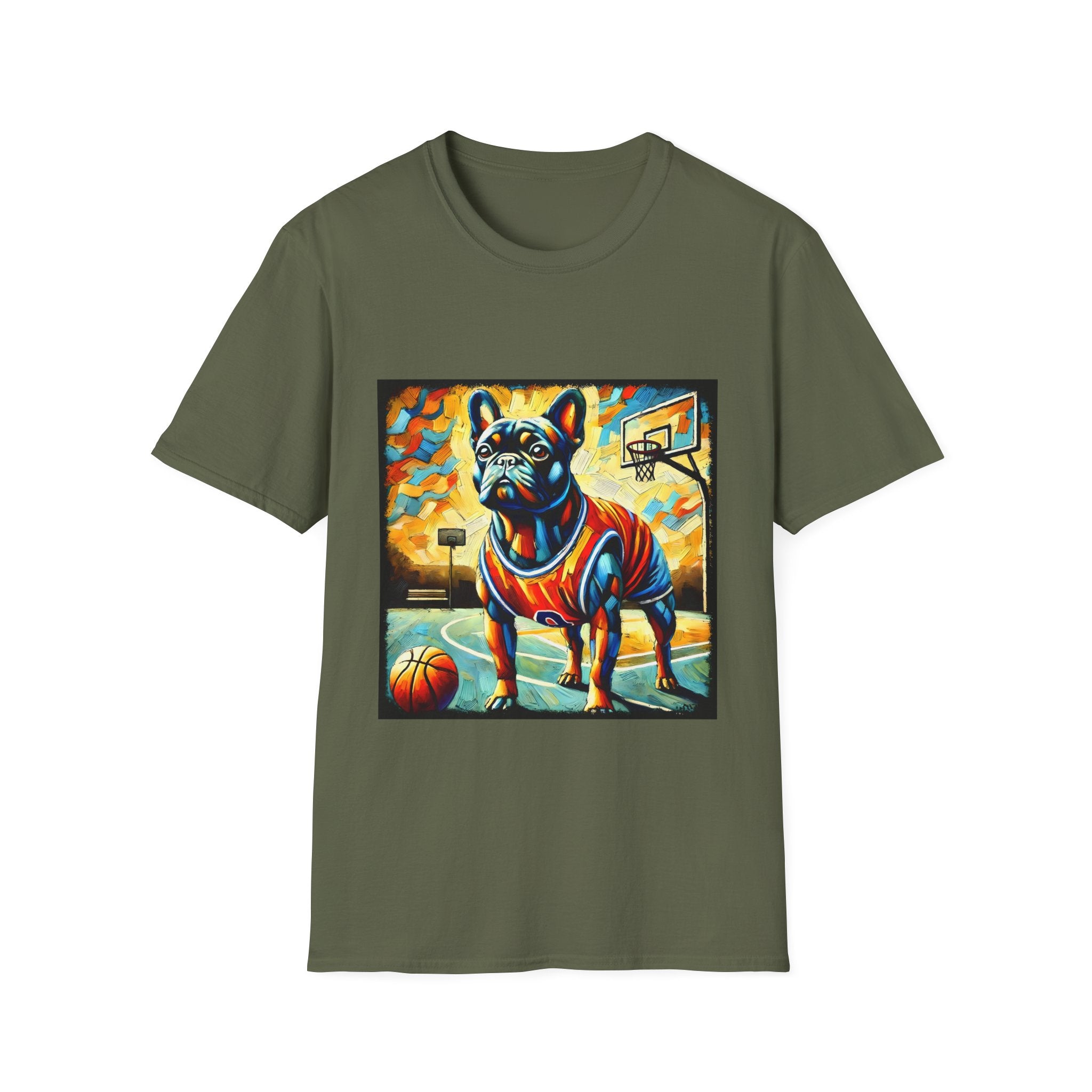Military green dog t-shirt featuring French Bulldog in red jersey on basketball court, expressionism style.