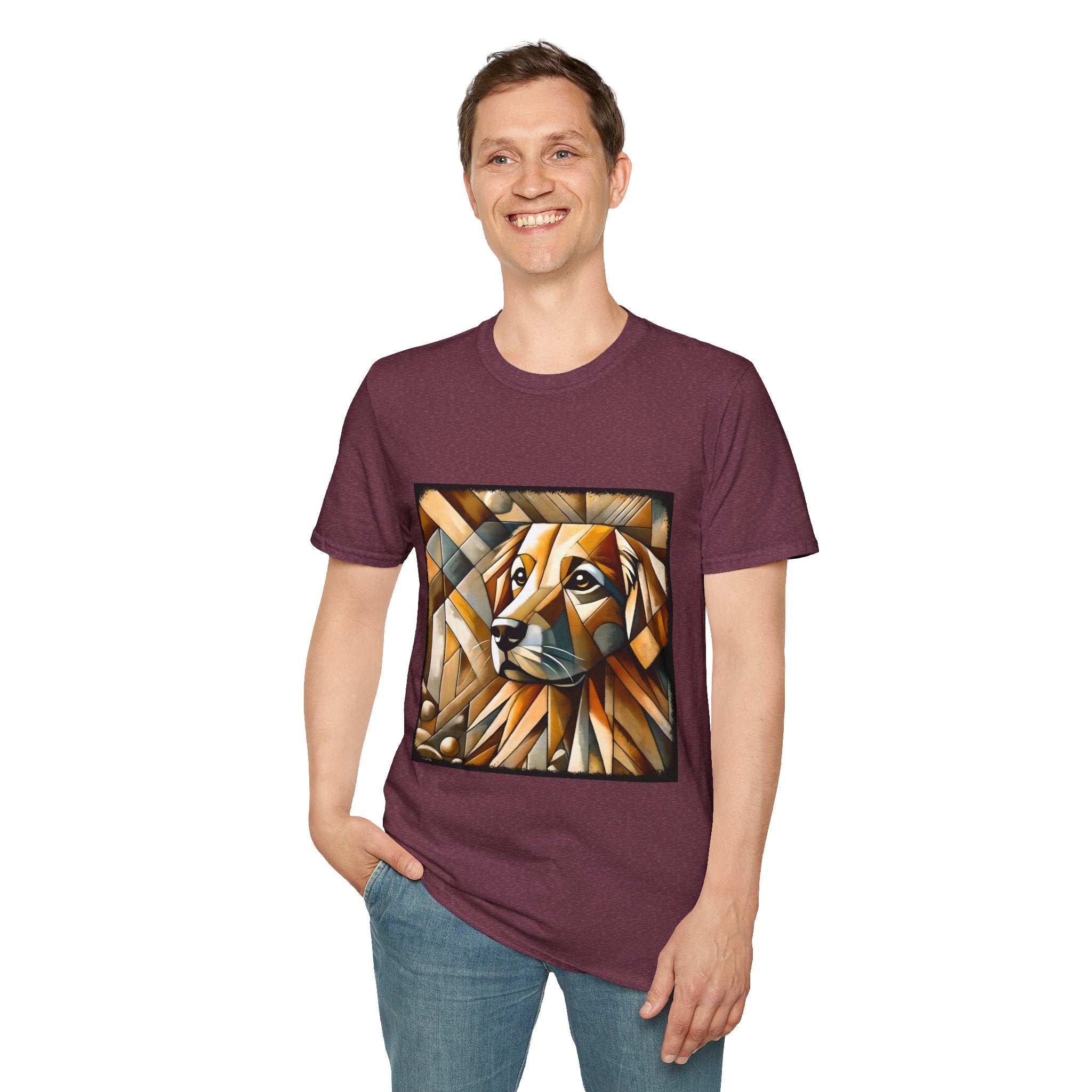 Male smiling in heather maroon dog t-shirt featuring golden retriever in geometric cubist style with warm amber and tan tones.