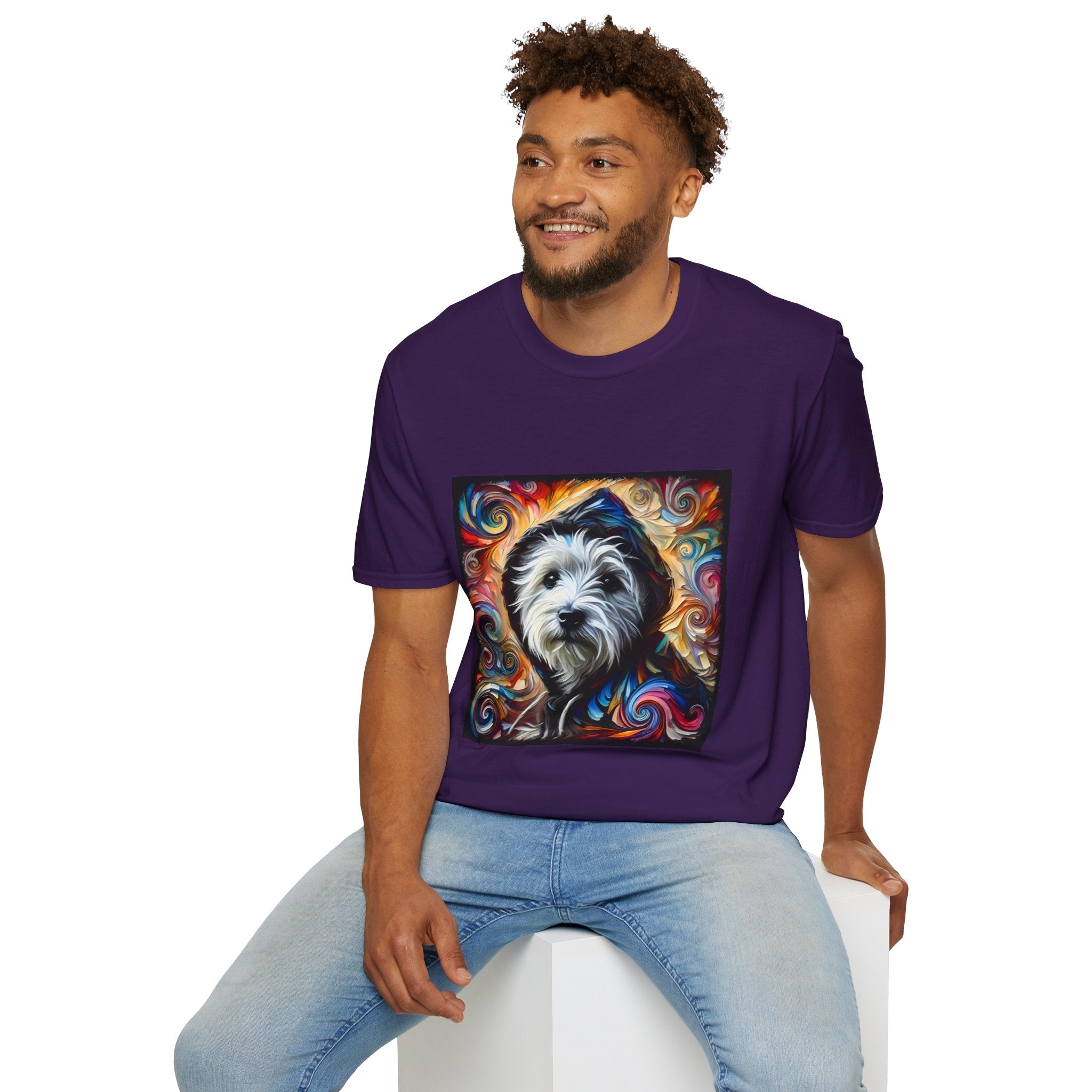 Male model in purple dog t-shirt featuring Westie in black hoodie with swirling red blue orange and gold background.