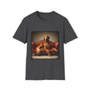 Dark heather dog t-shirt with golden retriever lounging on vintage red settee with regal posture.