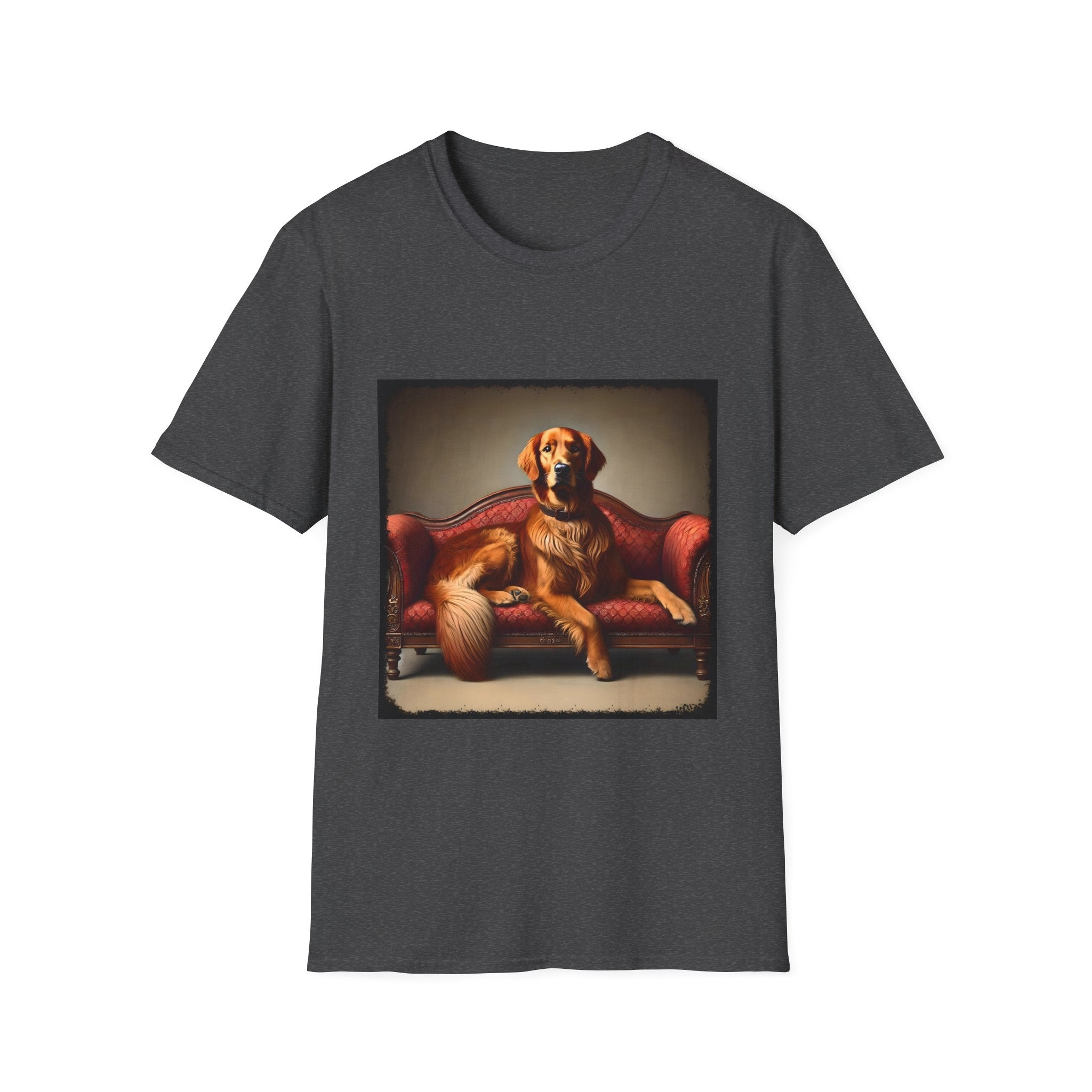 Dark heather dog t-shirt with golden retriever lounging on vintage red settee with regal posture.