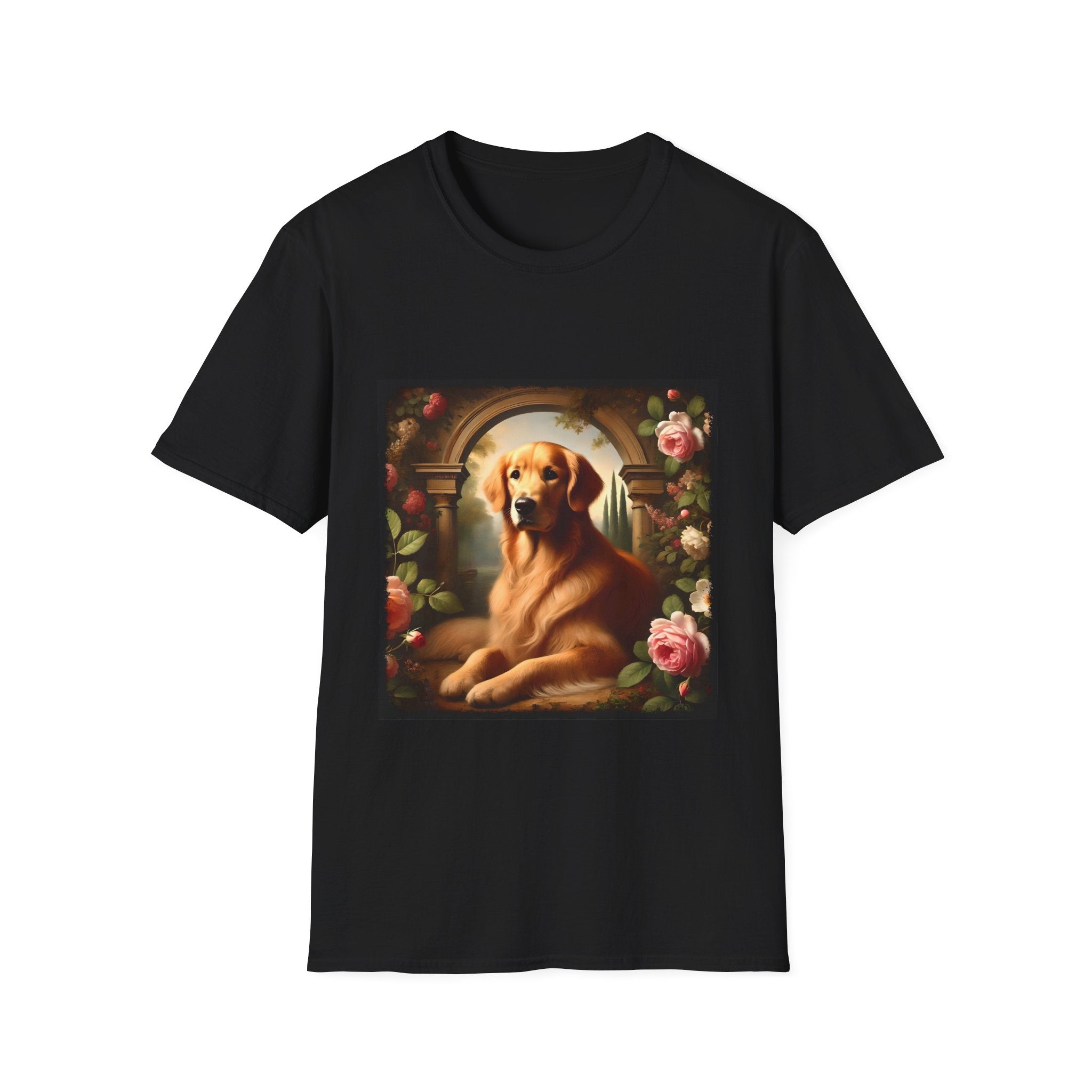 Black dog t-shirt featuring golden retriever lounging under stone arch, surrounded by roses and greenery.
