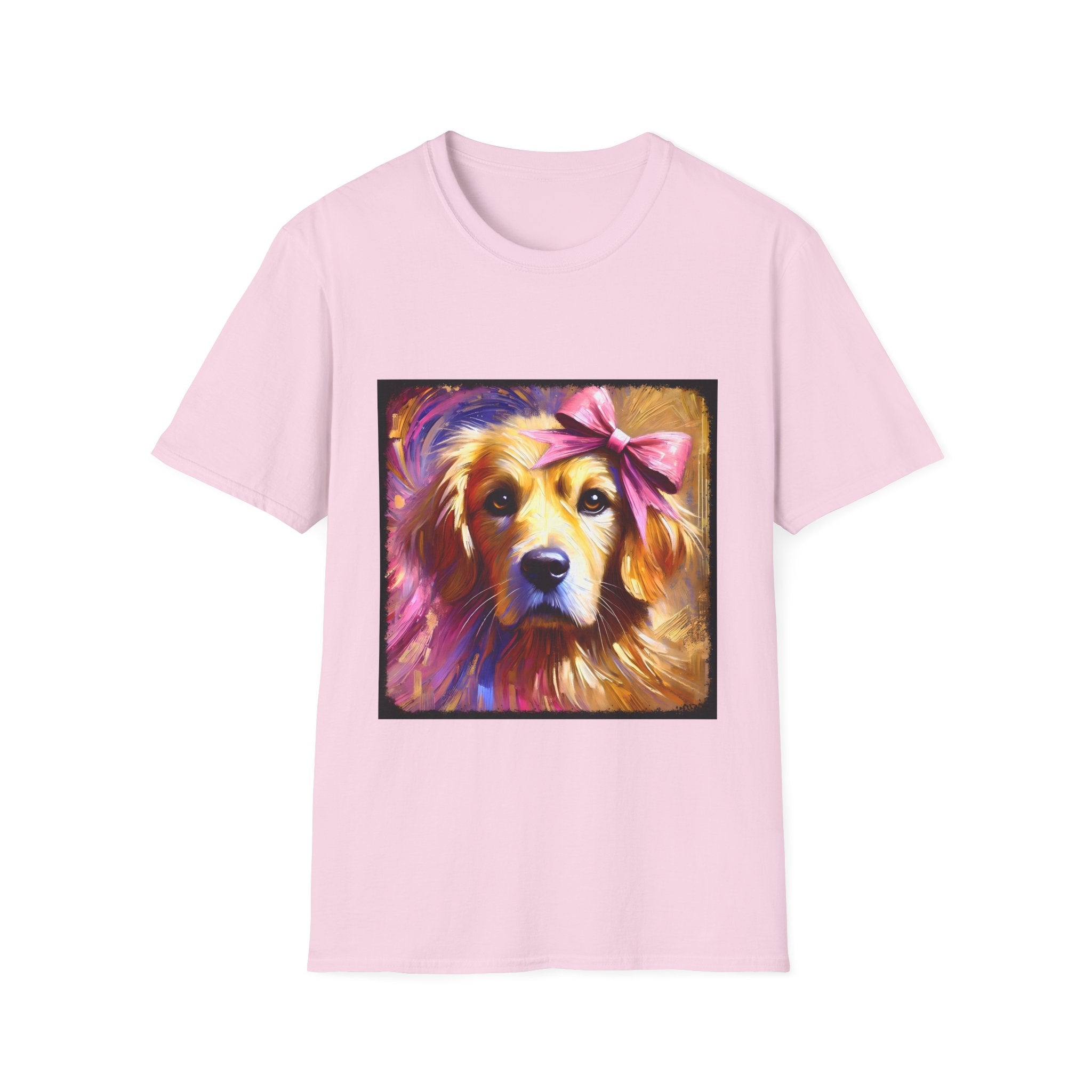 Light pink dog t-shirt featuring golden retriever with pink bow on head, bold brushstroke background in pinks.