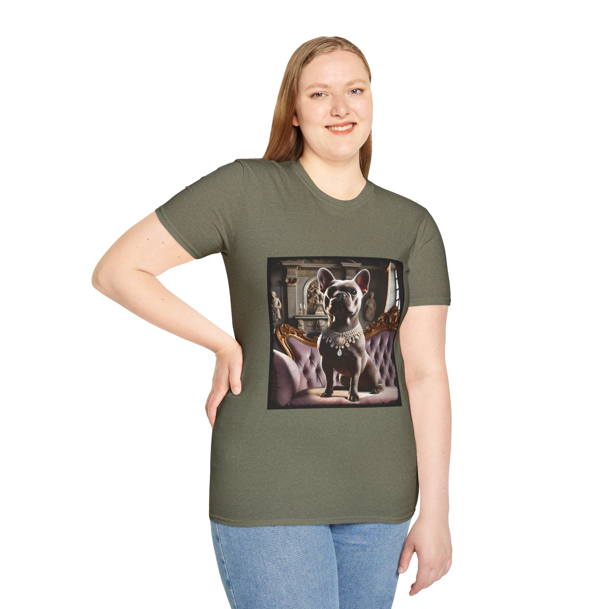Female model in heather military green dog t-shirt featuring gray French Bulldog in jeweled necklace on tufted settee in palace setting.