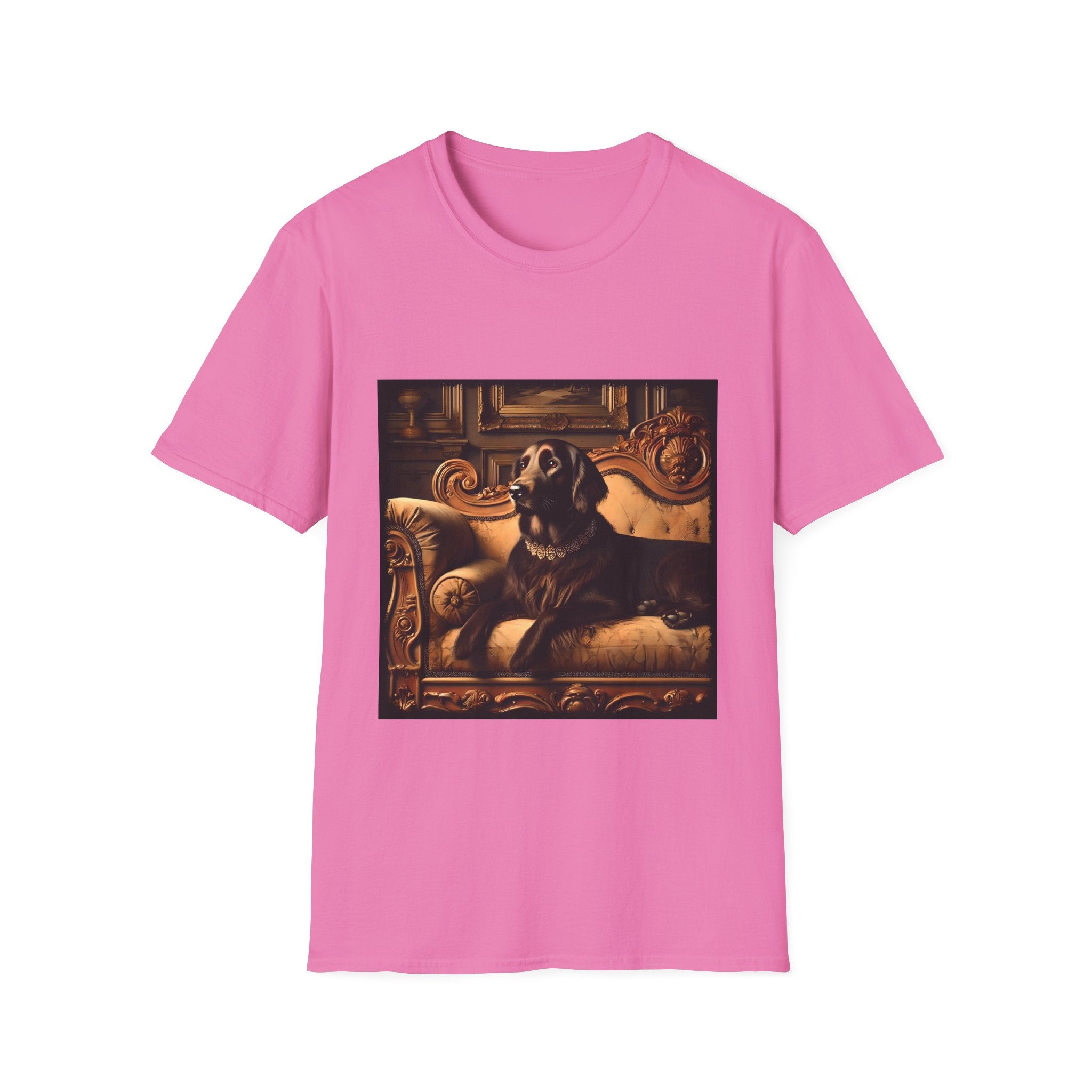 Pink dog t-shirt featuring chocolate golden retriever on gold settee, jeweled collar in regal backdrop.