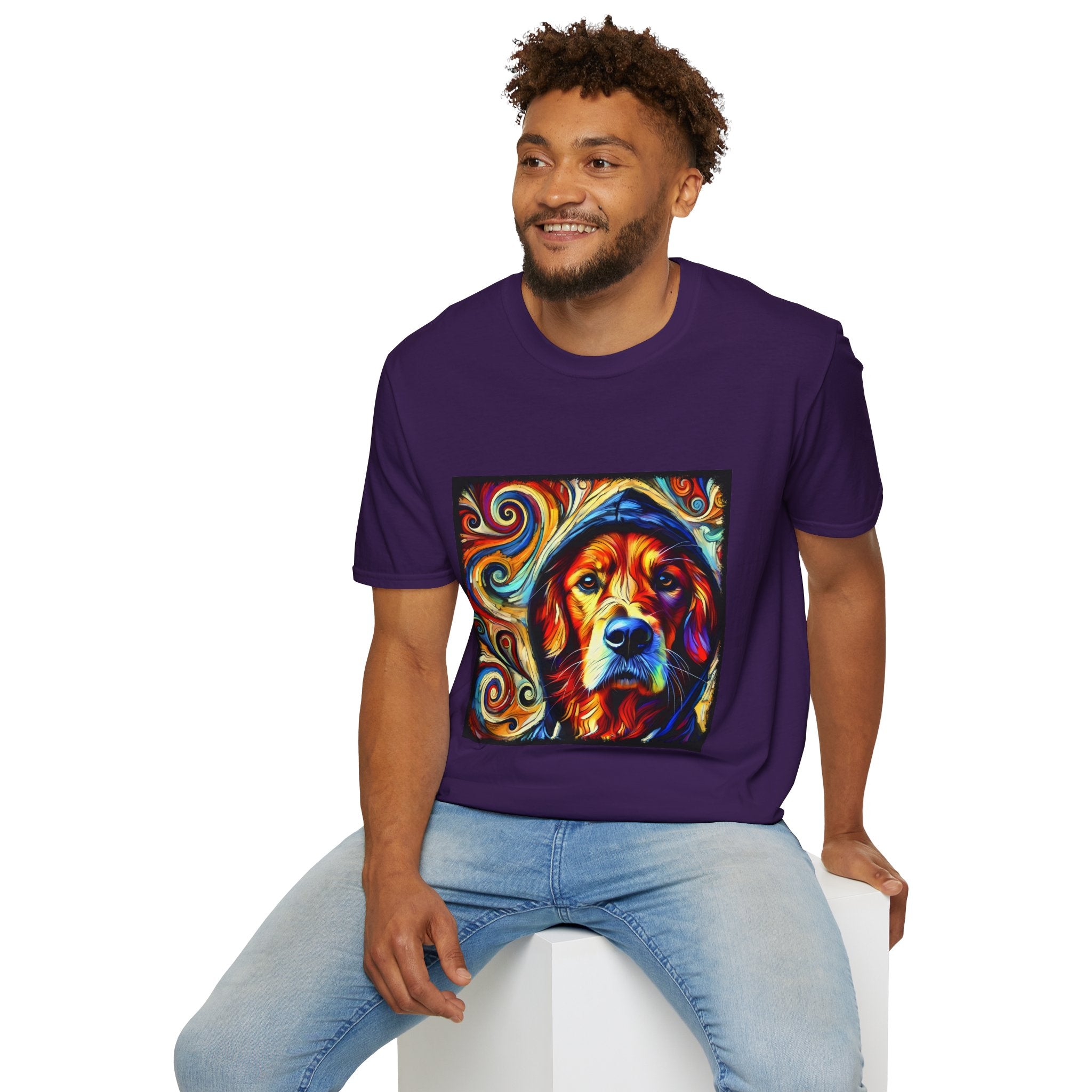 Male model in purple dog t-shirt with golden retriever in blue hoodie, bold swirls in red, orange, and teal behind.