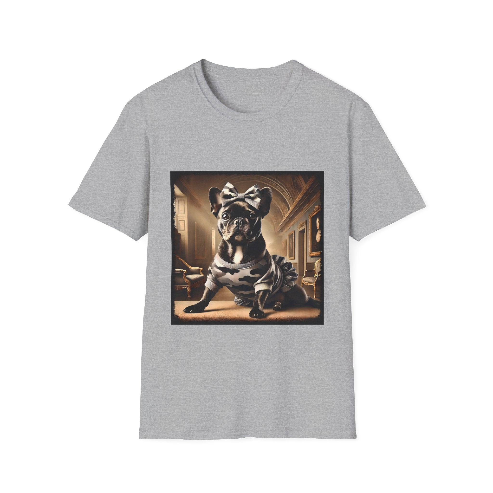 Sport gray dog t-shirt featuring black French Bulldog in camo dress and bow, set in sepia-toned palace hall.