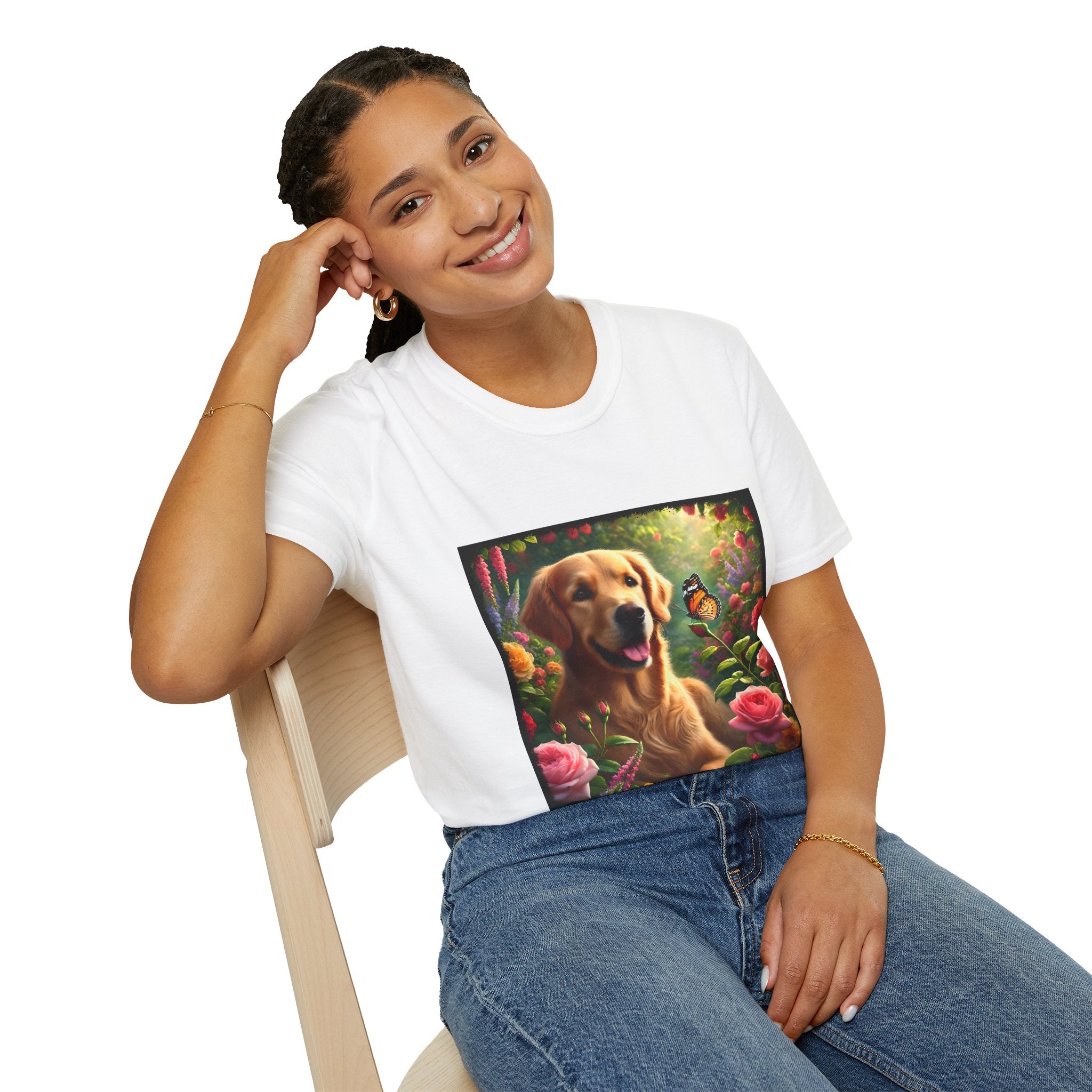 Female model wears white dog t-shirt featuring a golden retriever in a vibrant garden with roses, wildflowers, and a butterfly.