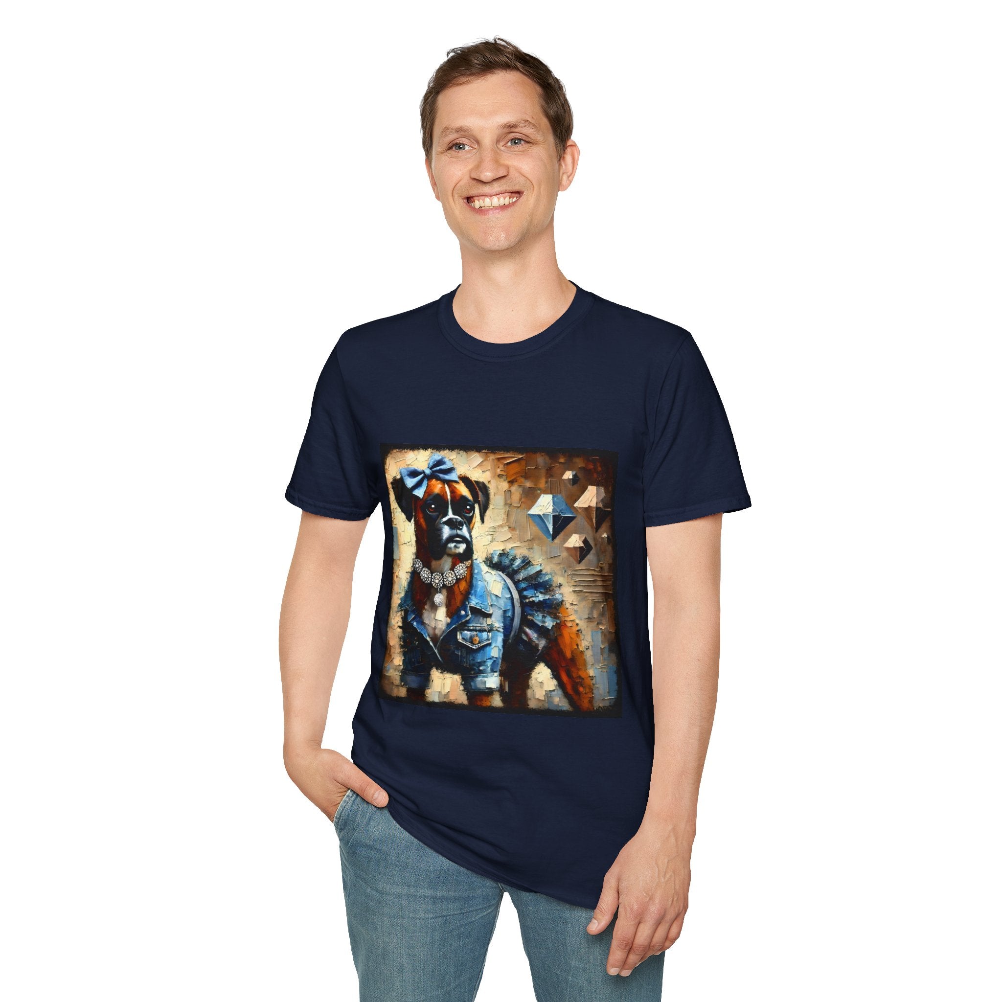 Male model in navy dog t-shirt with boxer in denim ruffle dress, blue bow, diamond collar, and abstract gem background.