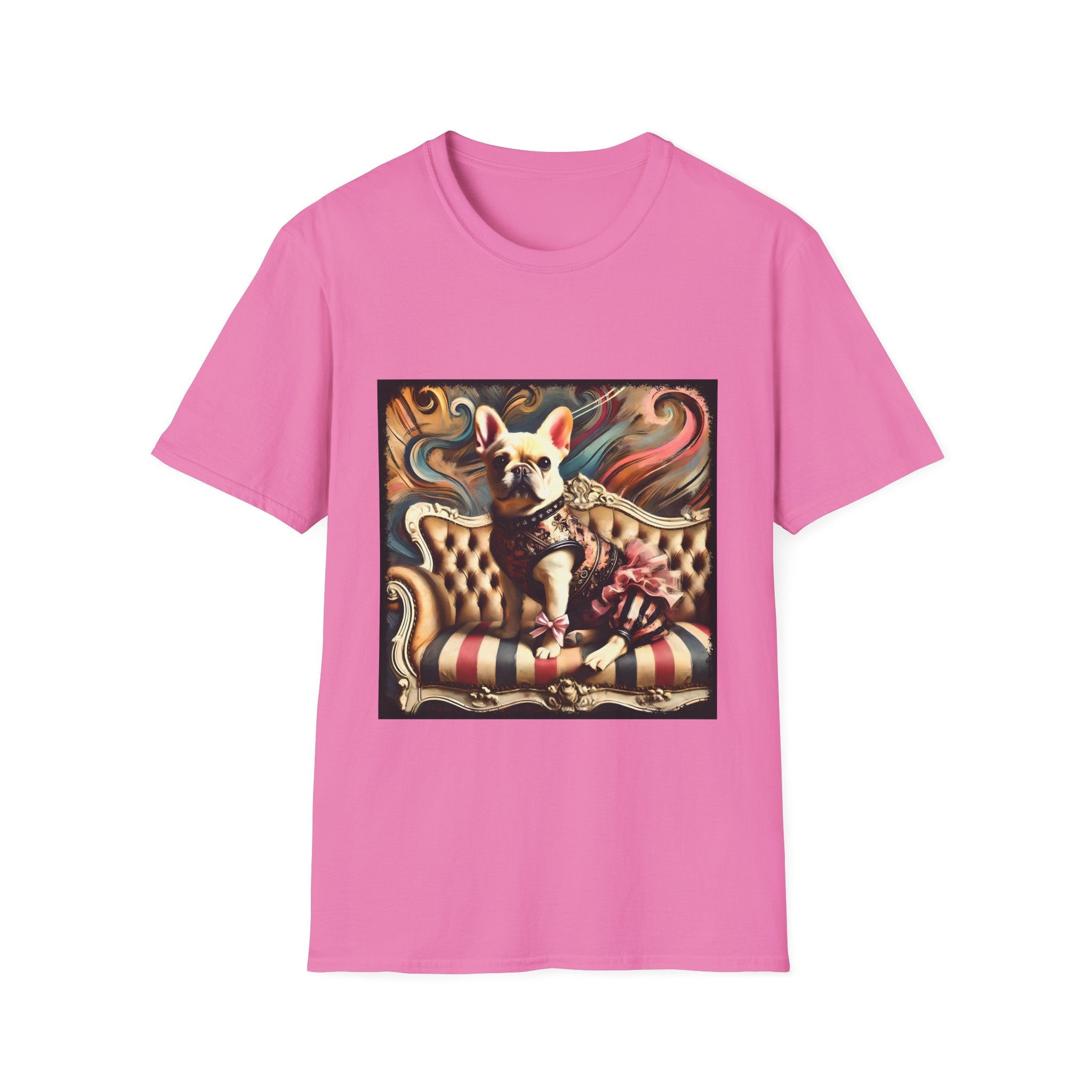 Pink dog t-shirt featuring cream French Bulldog in floral vest and pink bow on striped settee with swirl background.