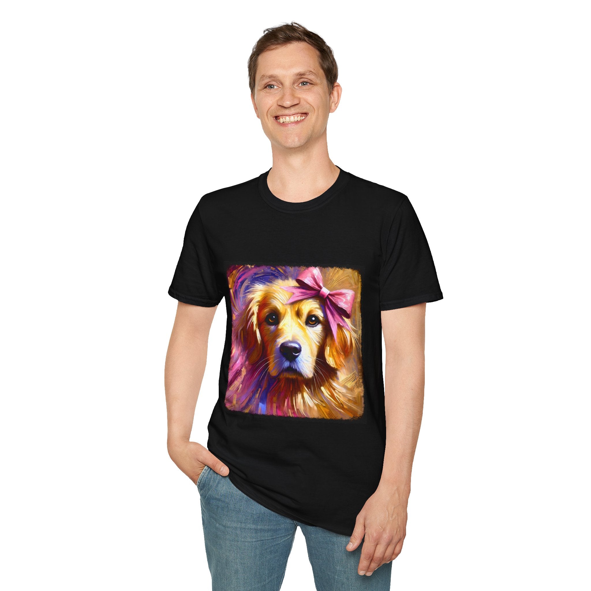 Male model in black dog t-shirt featuring golden retriever with pink bow on head, bold brushstroke background in pinks.