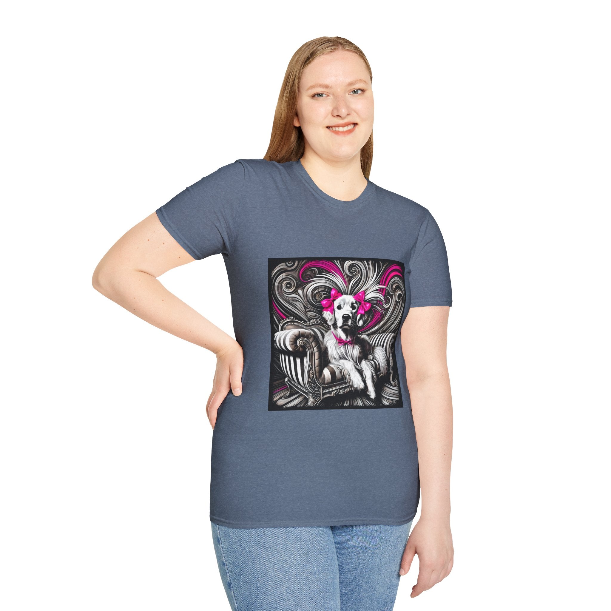 Female model in heather indigo dog t-shirt featuring black-and-white art of retriever with pink bows and swirling accents.