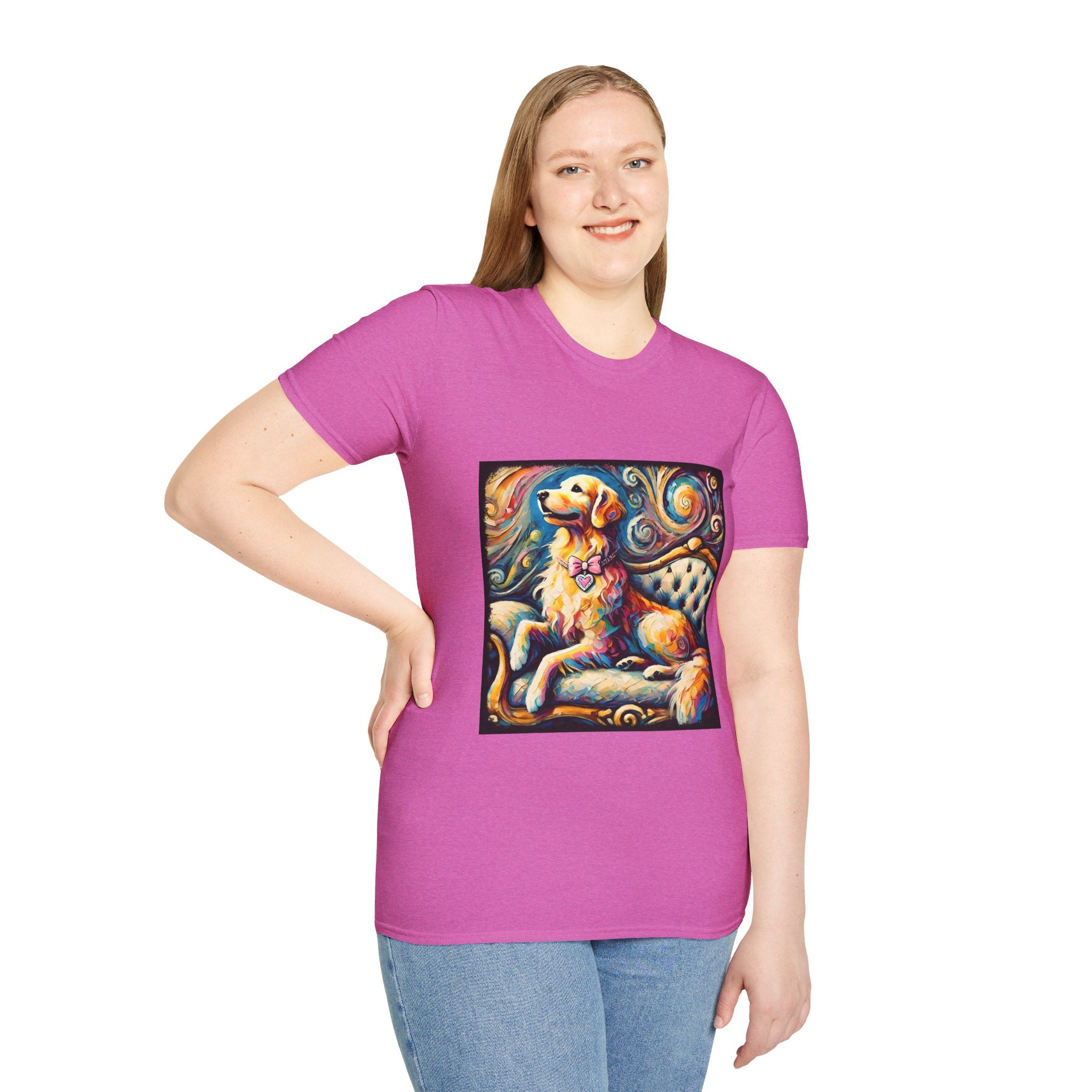 Female model in heather orchid pink dog t-shirt featuring golden retriever with pink heart collar on colorful tufted settee.