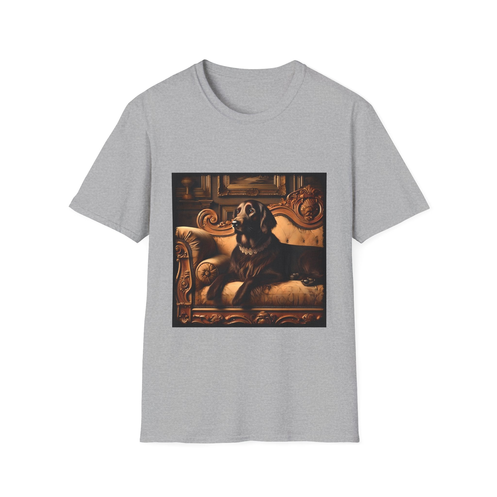 Sport gray dog t-shirt featuring chocolate golden retriever on gold settee, jeweled collar in regal backdrop.
