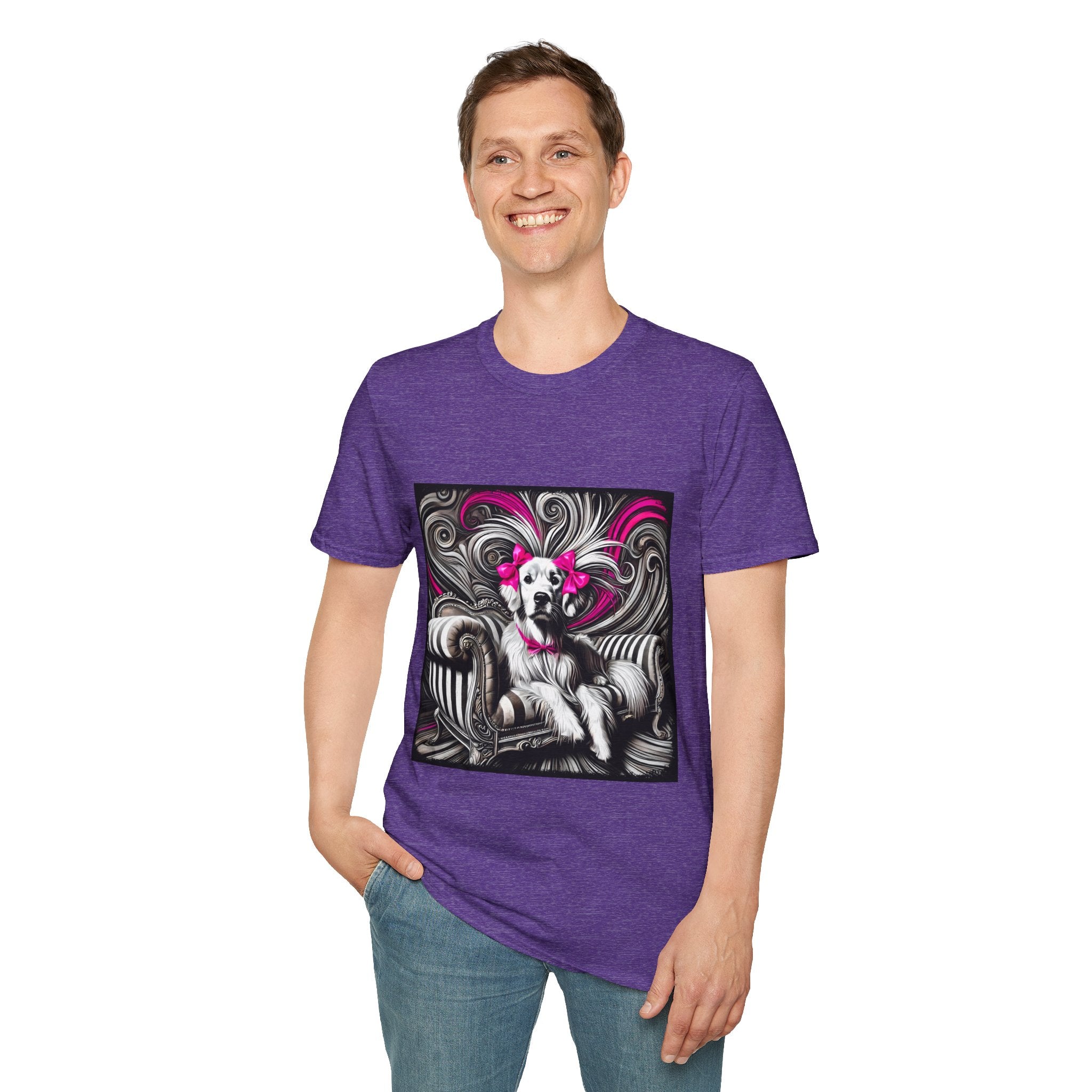 Male model in heather purple dog t-shirt featuring black-and-white art of retriever with pink bows and swirling accents.