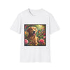 White dog t-shirt featuring a golden retriever in a vibrant garden with roses, wildflowers, and a butterfly.