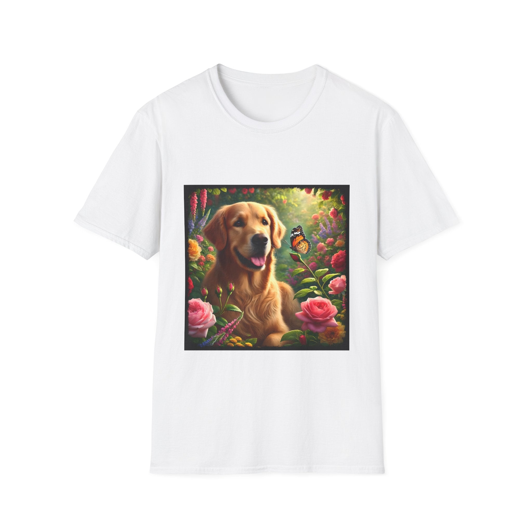 White dog t-shirt featuring a golden retriever in a vibrant garden with roses, wildflowers, and a butterfly.