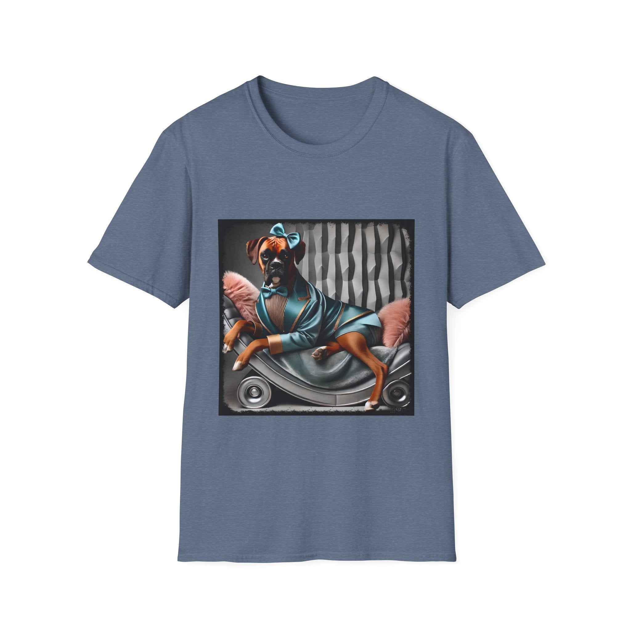 Heather indigo dog t-shirt with a boxer in teal dress and bow on modern chair with striped wall and pink pillows.