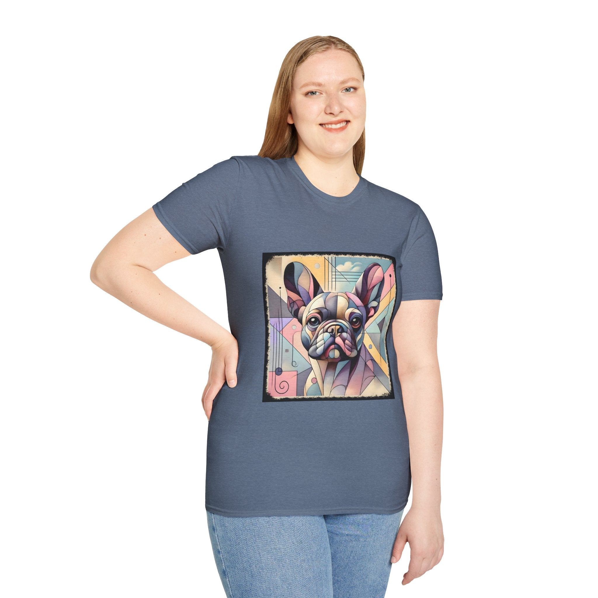 Female model in heather indigo shirt with Cubism-style French Bulldog design in soft pastel colors and abstract shapes.