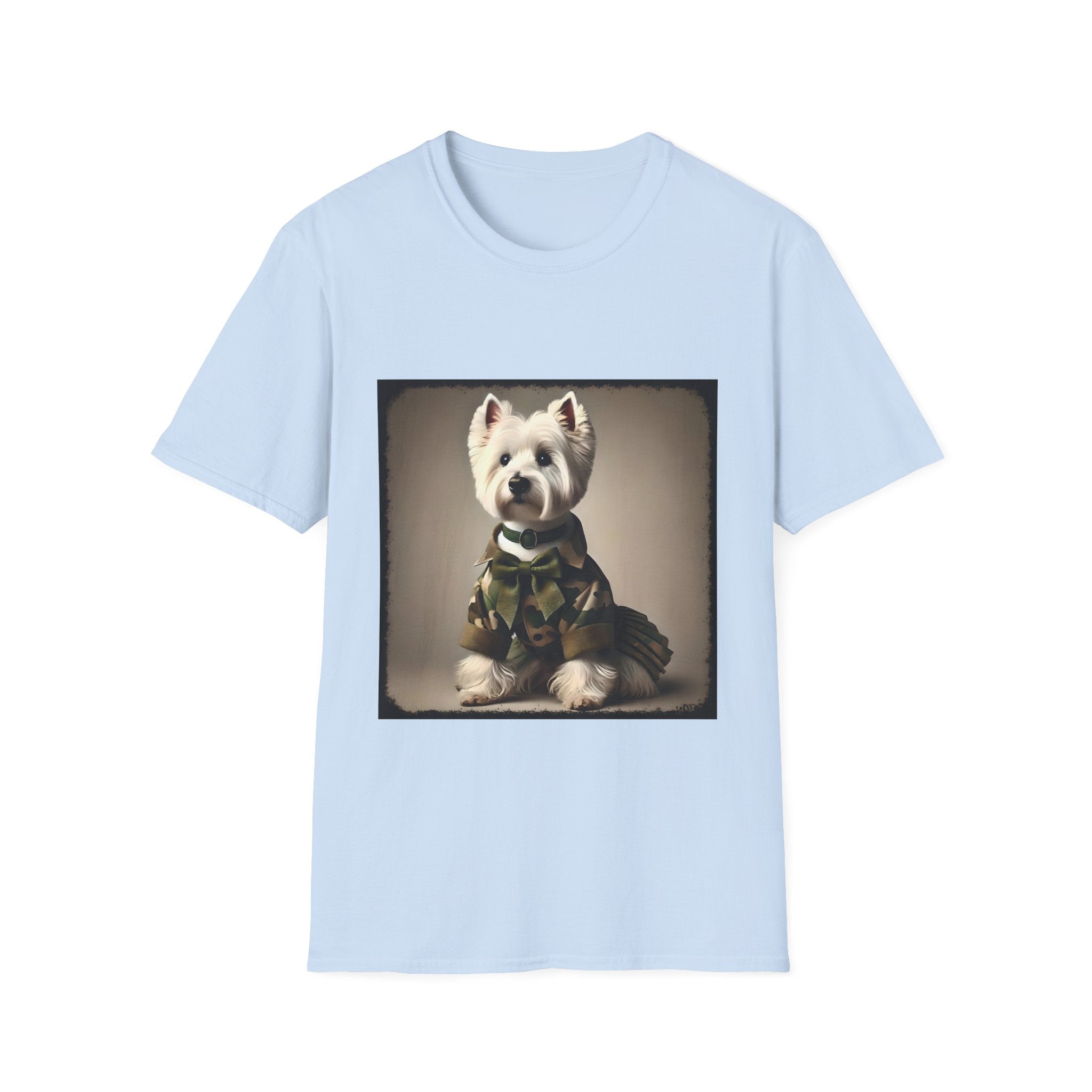 Light blue dog t-shirt featuring Westie in camouflage jacket and pleated skirt against neutral backdrop.