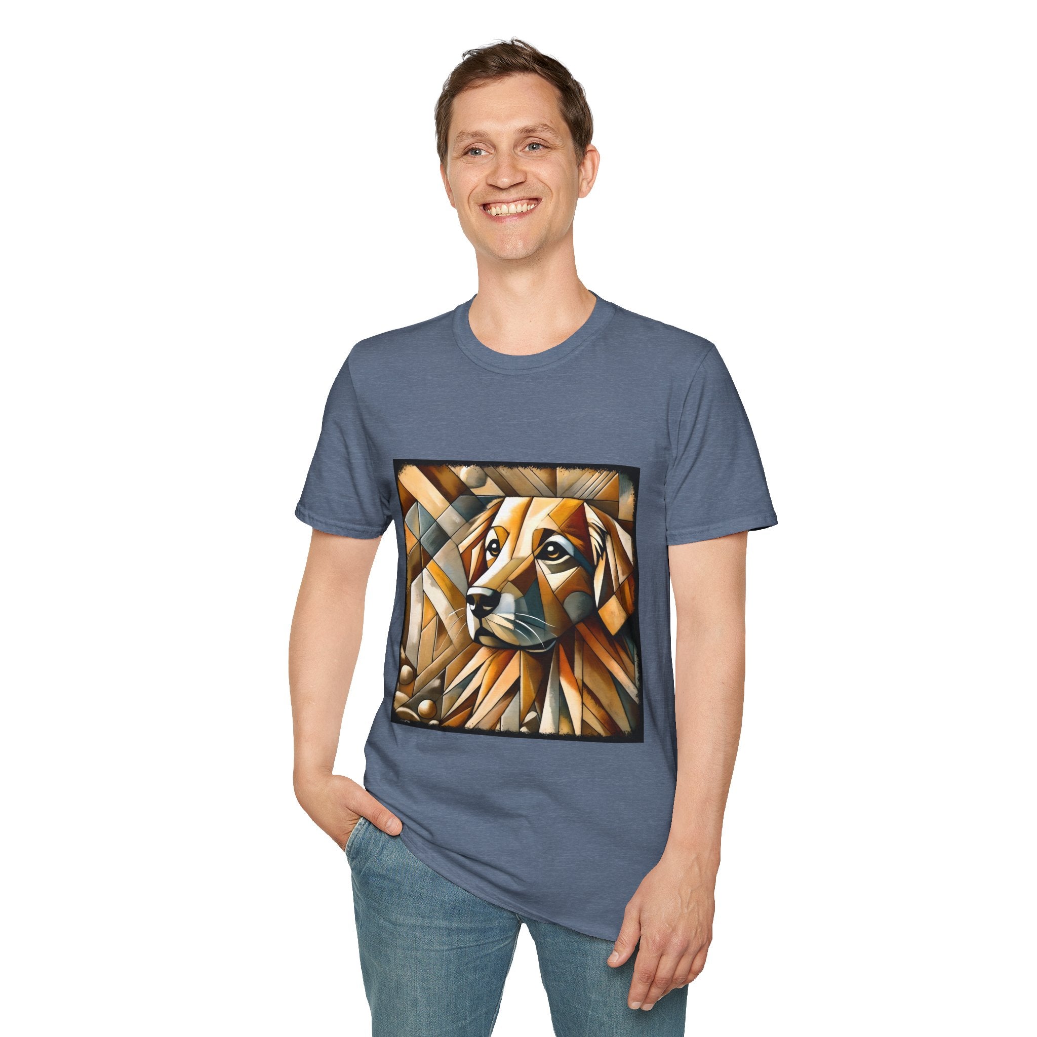 Male smiling in heather Indigo dog t-shirt featuring golden retriever in geometric cubist style with warm amber and tan tones.