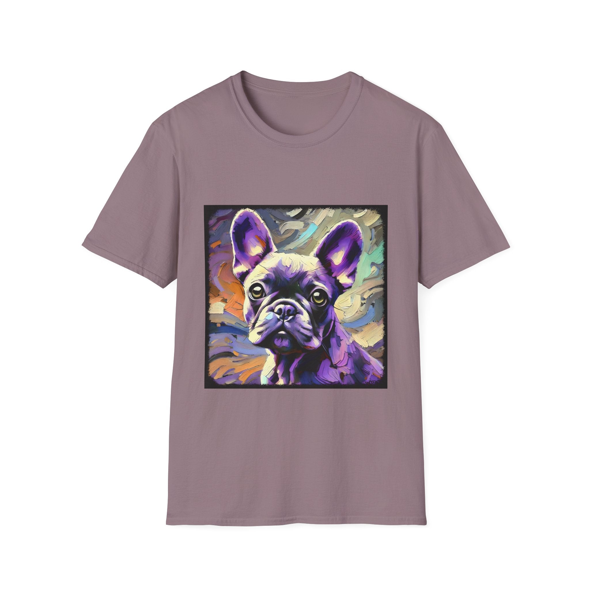 Mauve dog t-shirt featuring a lavender purple French Bulldog with swirling brushstrokes of teal, orange, and cream.