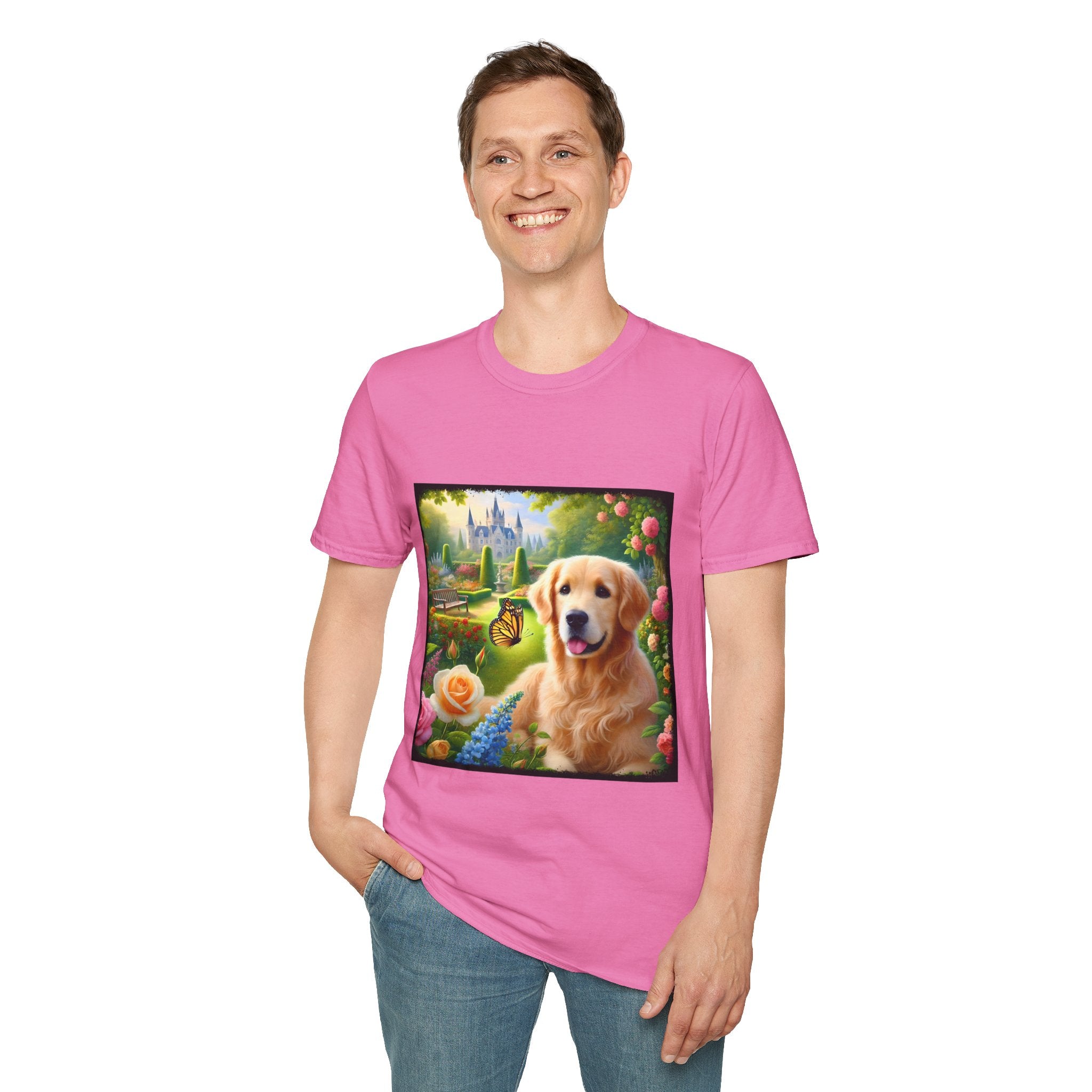 Male model wears pink dog t-shirt featuring a golden retriever in a vibrant castle garden with blooming roses and a butterfly.