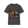 Dark heather dog t-shirt featuring chocolate golden retriever on gold settee, jeweled collar in regal backdrop.