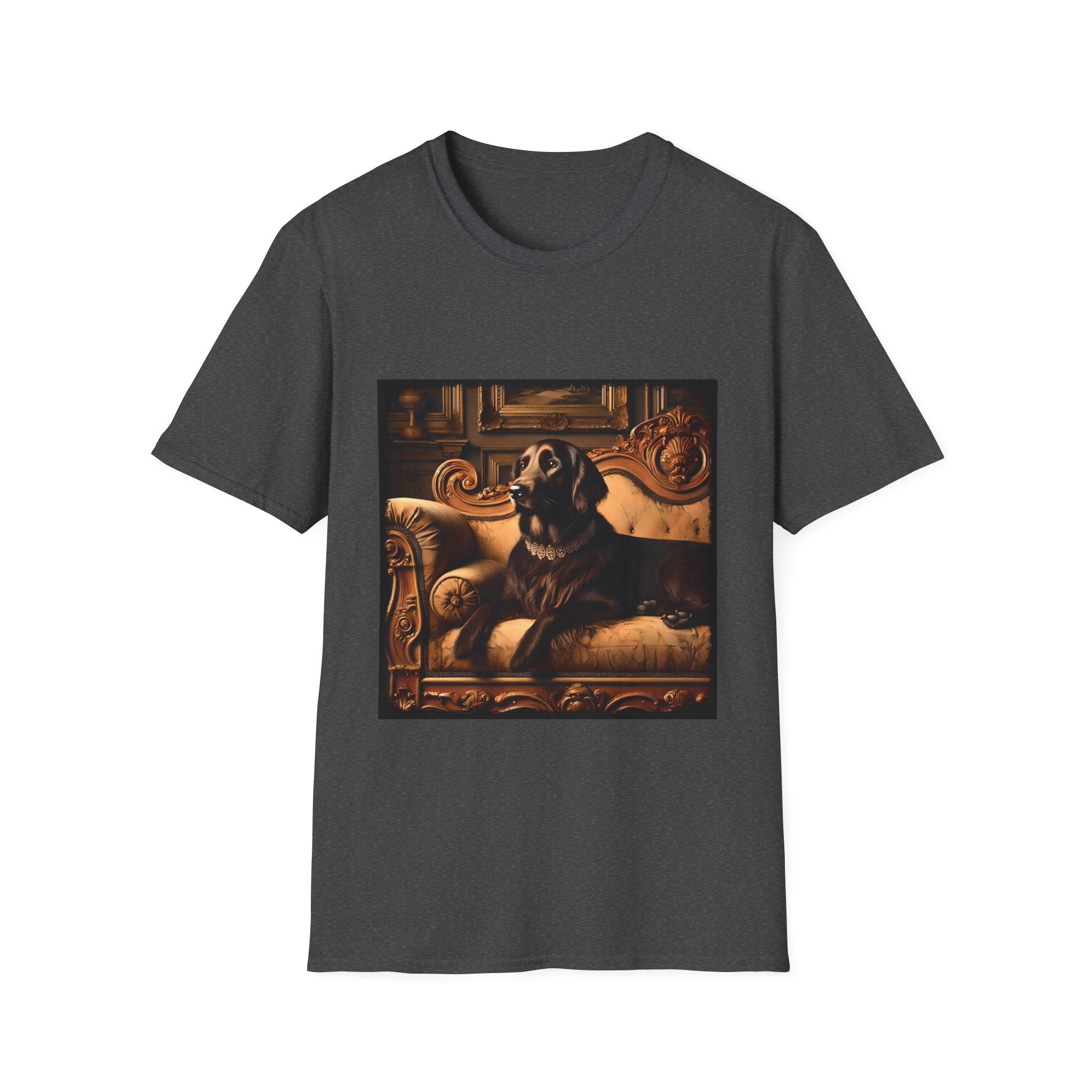 Dark heather dog t-shirt featuring chocolate golden retriever on gold settee, jeweled collar in regal backdrop.