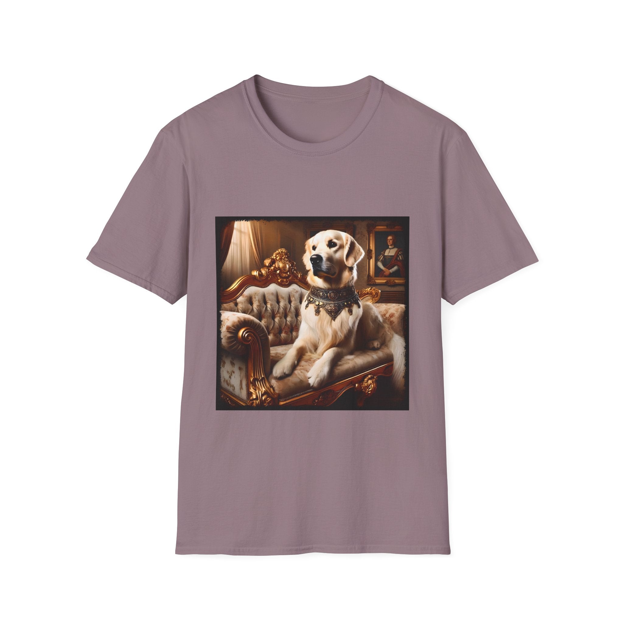 Mauve dog t-shirt featuring golden retriever in jeweled collar on ornate cream and gold settee, regal setting.