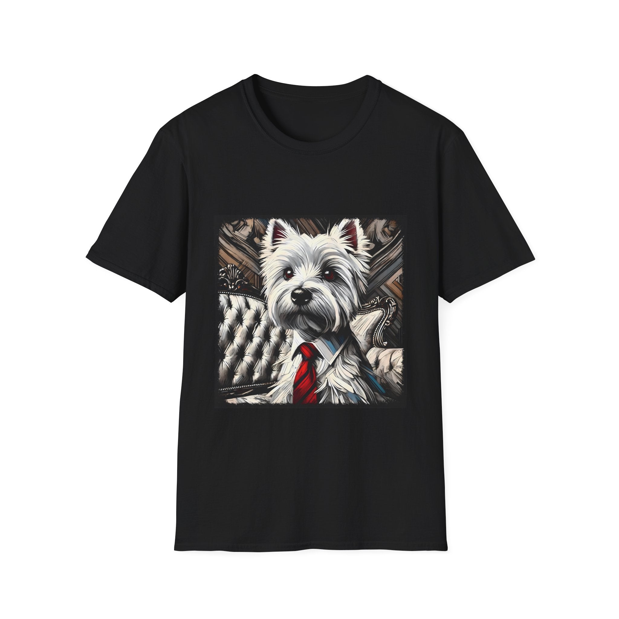 Black dog t-shirt featuring a Westie in a red tie seated on a tufted chair in a wood-accent room.