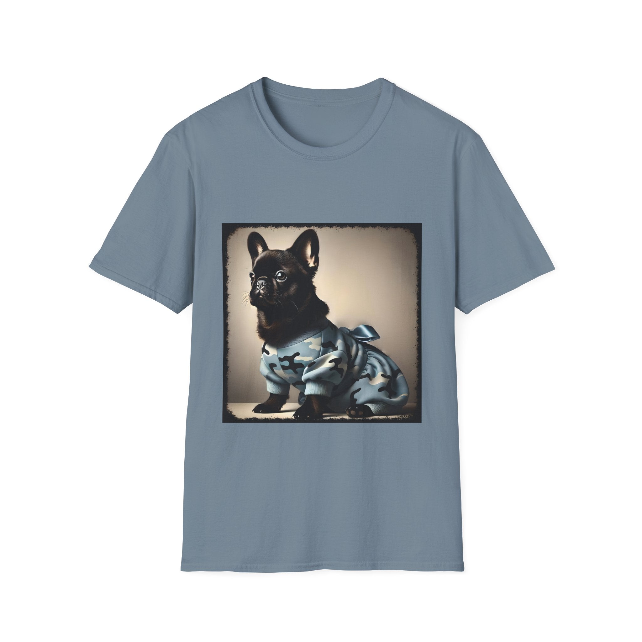Stone blue dog t-shirt featuring black French Bulldog in blue camo outfit with bow, set in soft vintage portrait.