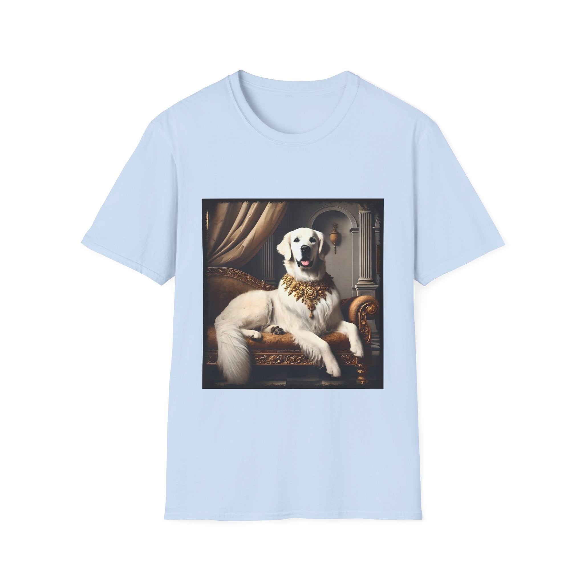 Light blue dog t-shirt featuring a regal white golden retriever lounging on a gold settee with ornate curtains.