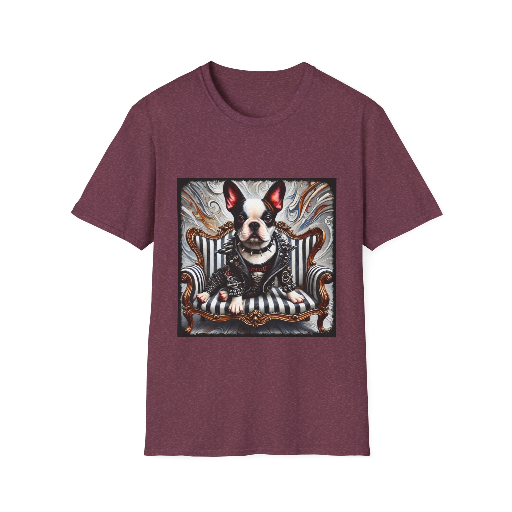 Heather maroon dog t-shirt featuring Boston Terrier in leather studded jacket on striped chair with metallic swirl background.
