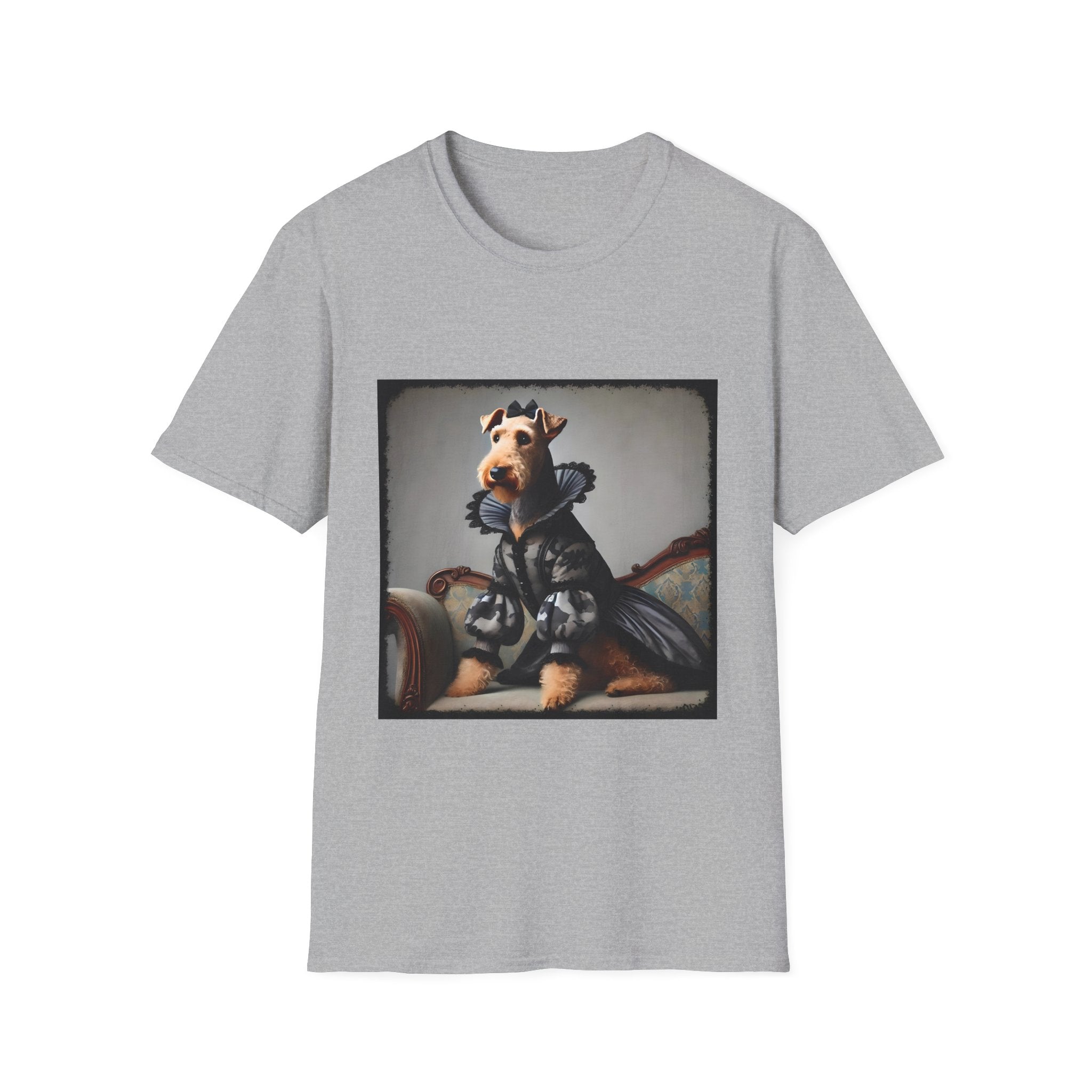 Sport gray dog t-shirt featuring Airedale terrier in camouflage Renaissance gown seated on settee.