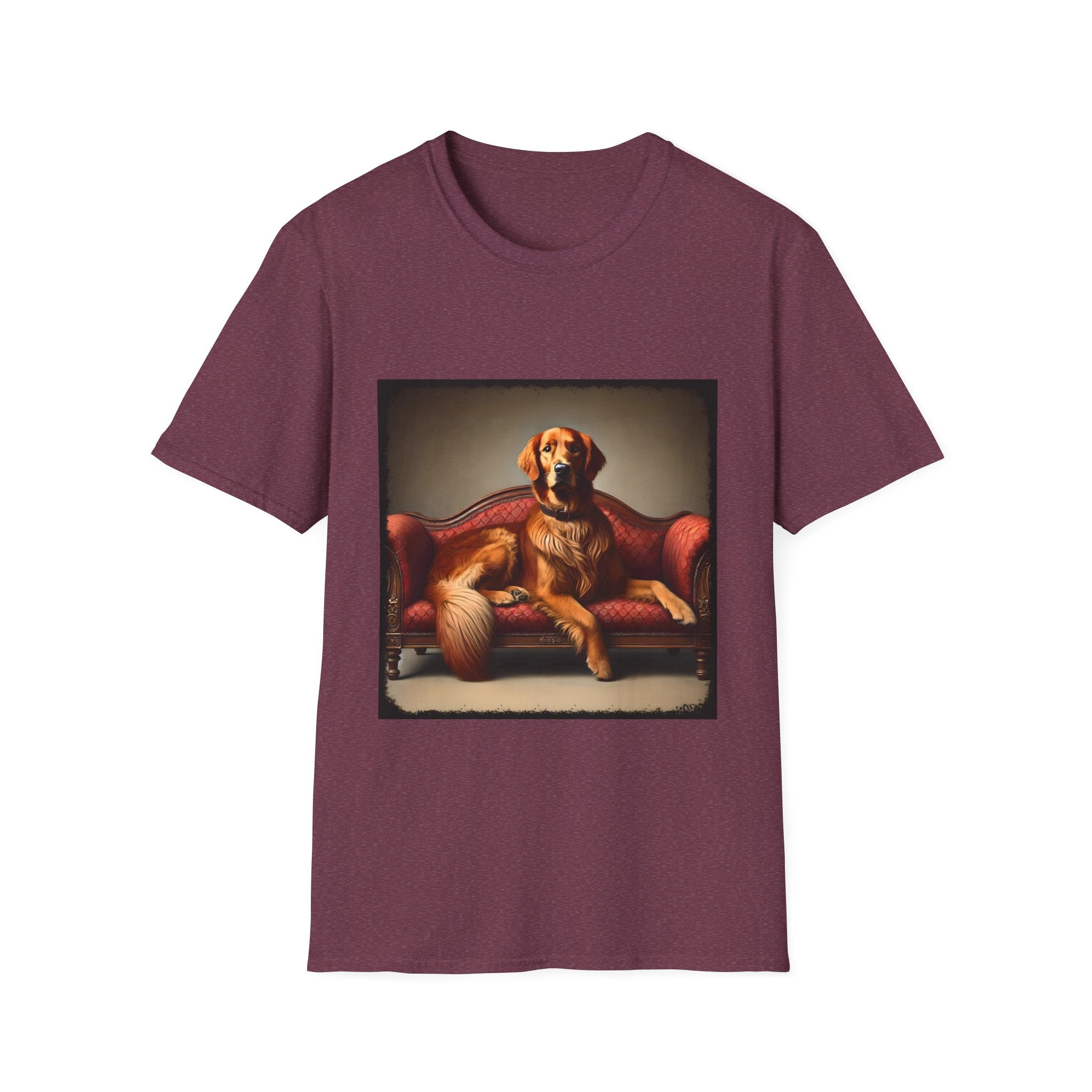 Heather maroon dog t-shirt with golden retriever lounging on vintage red settee with regal posture.
