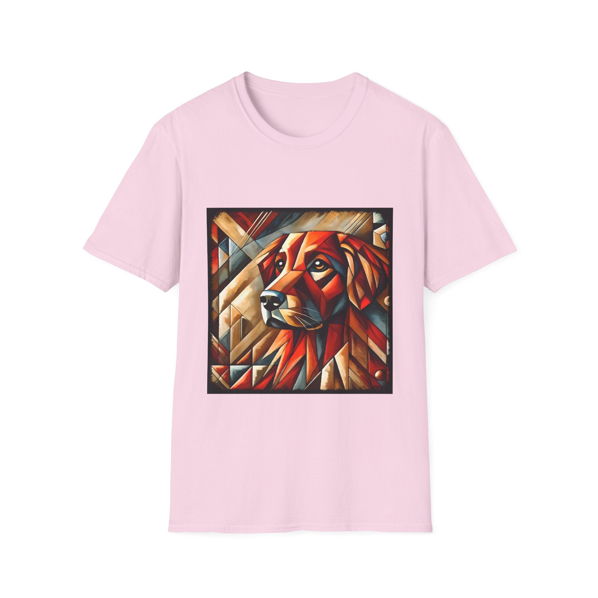 Light pink dog t-shirt featuring red geometric golden retriever portrait in cubist style with bold angles.