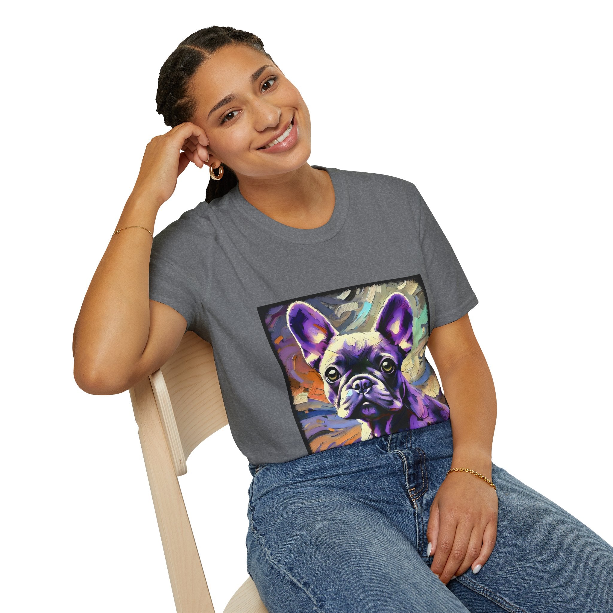 Female model in graphite heather dog t-shirt featuring a lavender purple French Bulldog with swirling brushstrokes of teal, orange, and cream.