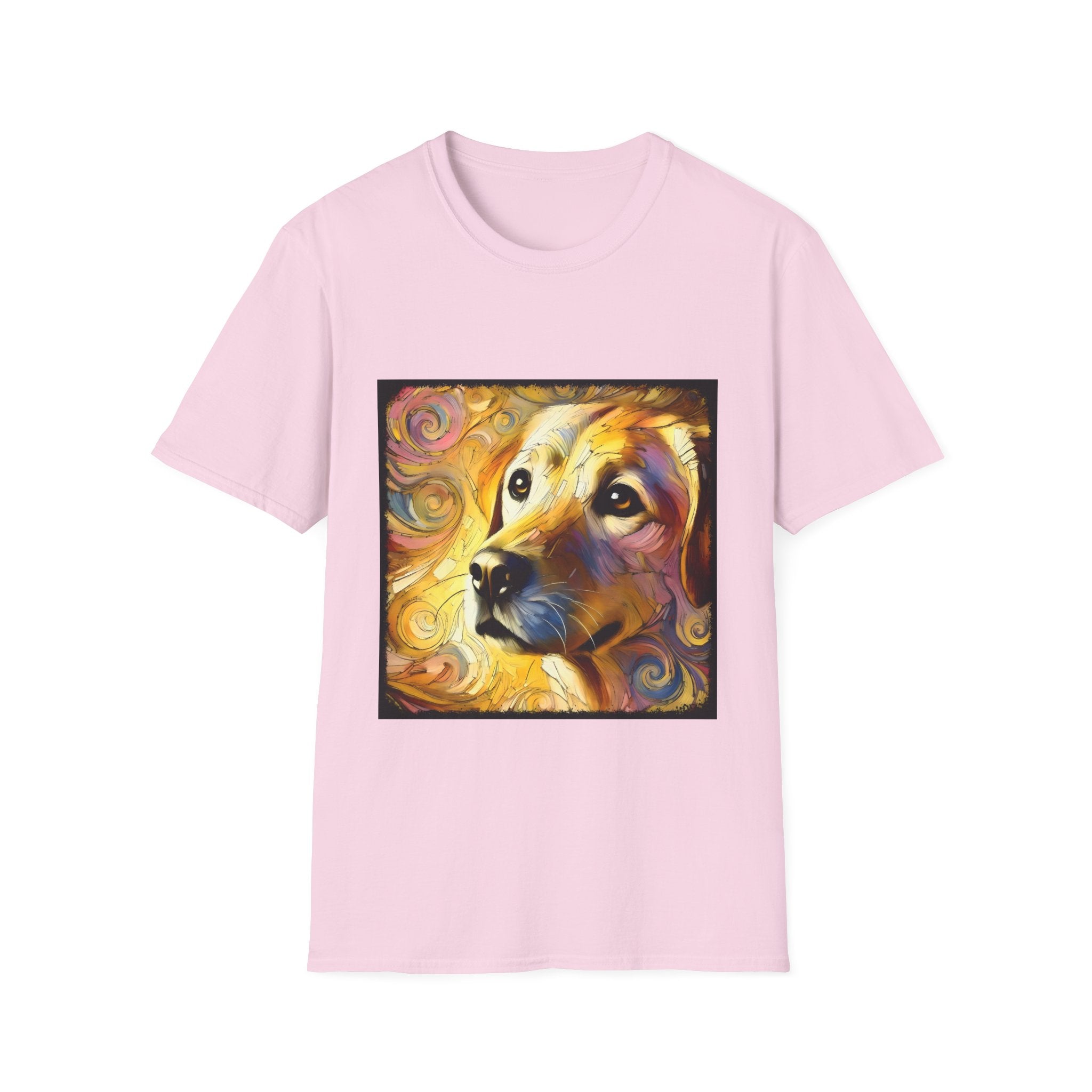 Light pink dog t-shirt featuring a golden retriever with swirling brushstroke-style yellow-orange background.