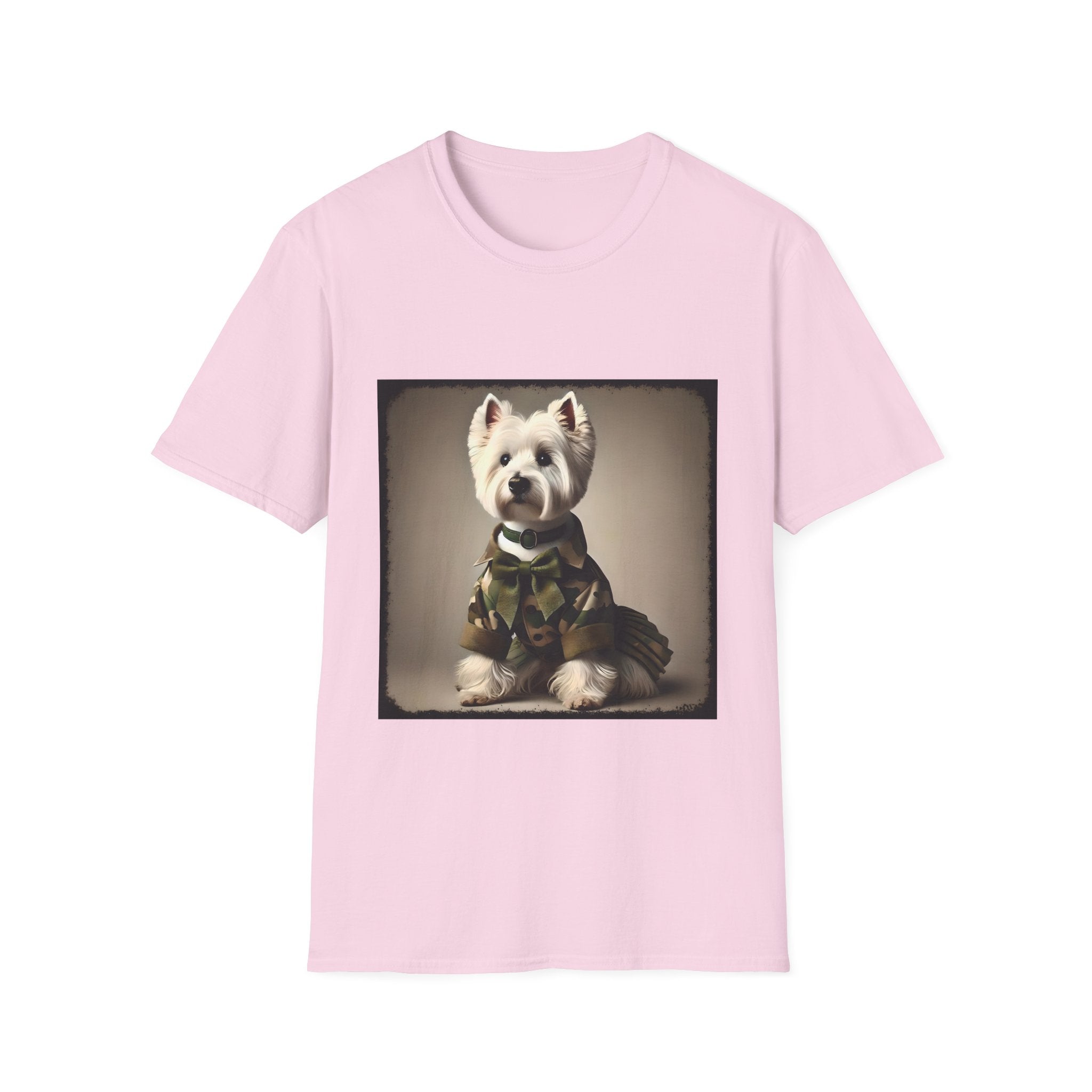 Light pink dog t-shirt featuring Westie in camouflage jacket and pleated skirt against neutral backdrop.