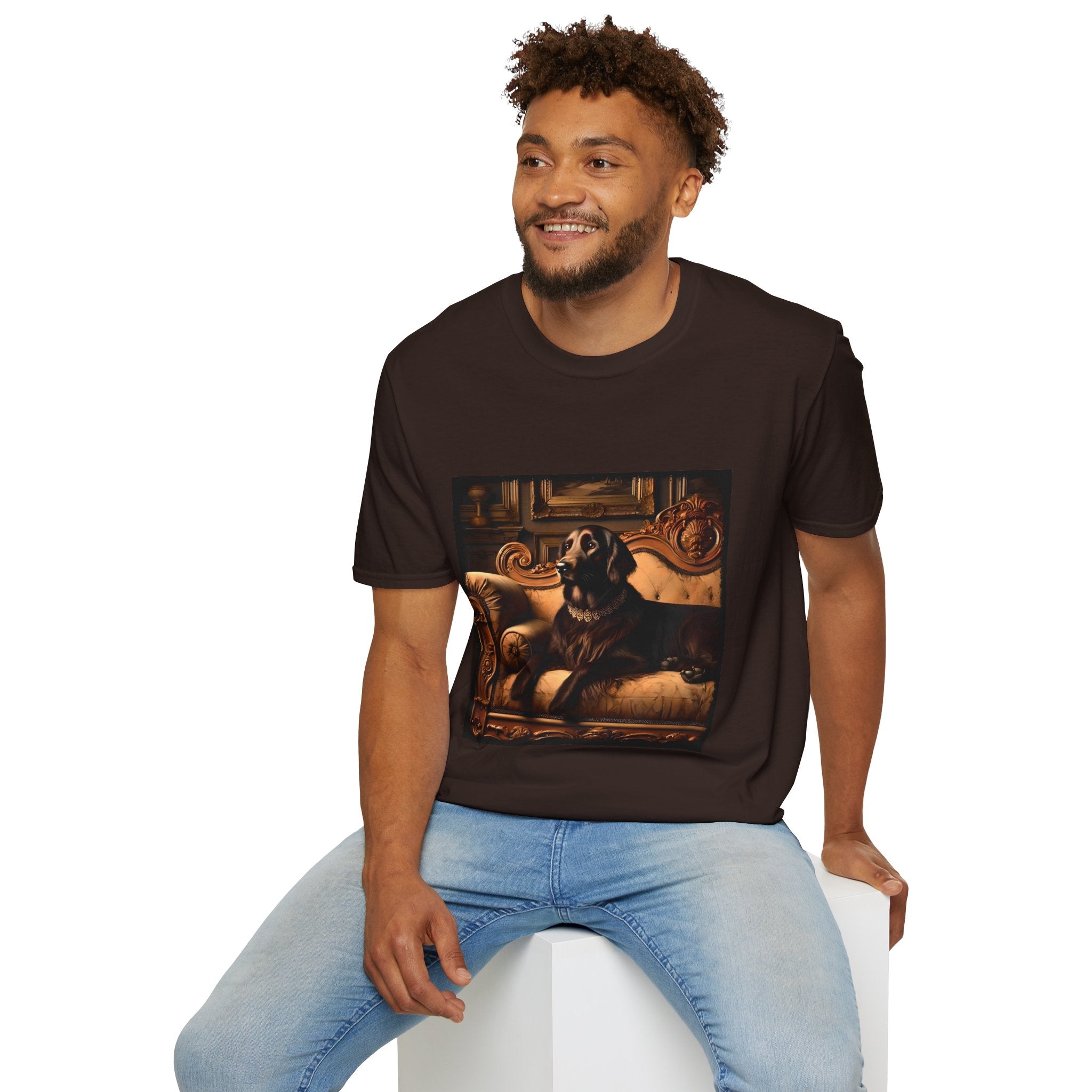 Male model in dark chocolate dog t-shirt featuring chocolate golden retriever on gold settee, jeweled collar in regal backdrop.