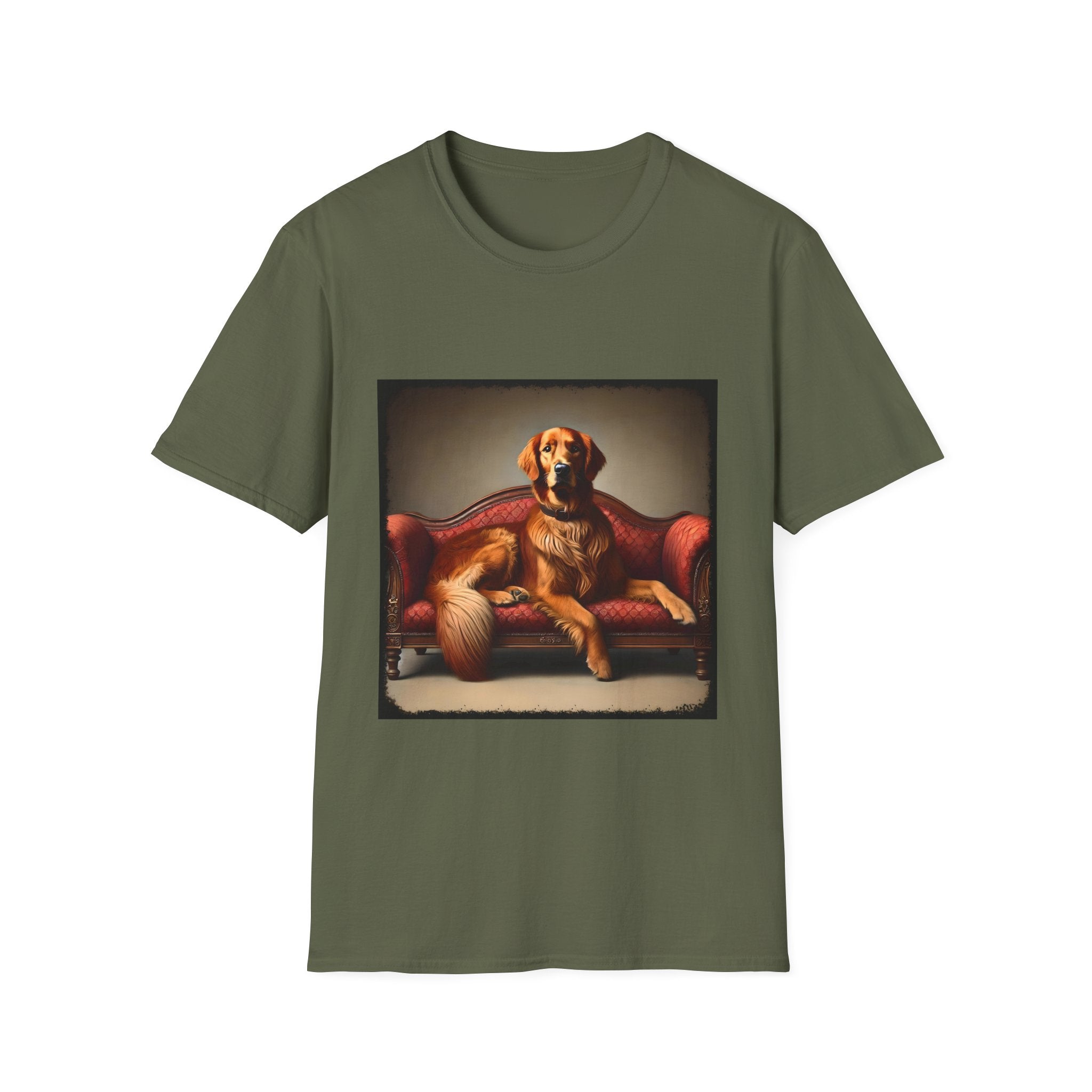 Military green dog t-shirt with golden retriever lounging on vintage red settee with regal posture.